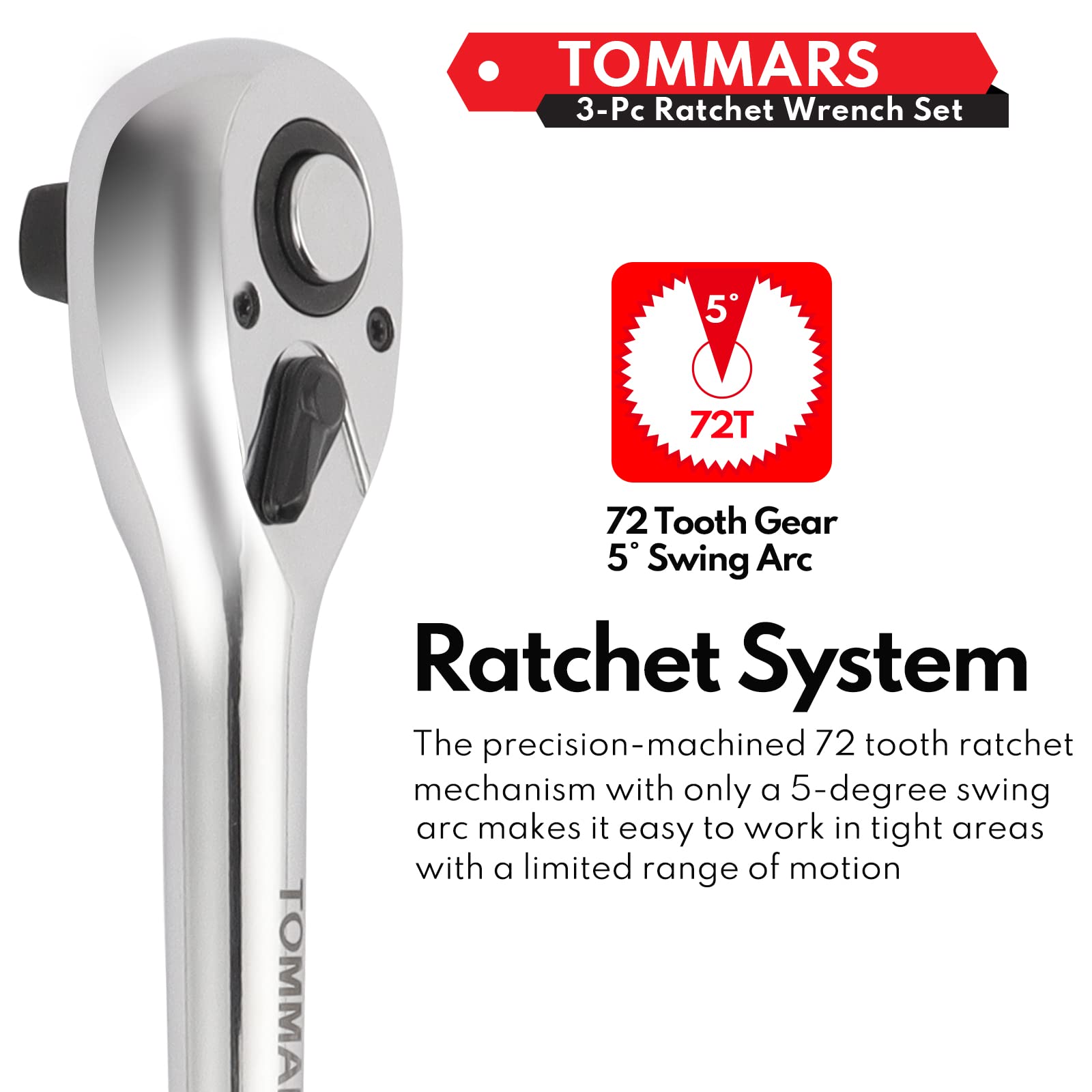 TOMMARS 72-Tooth Ratchet Socket Wrench Set - 1/4