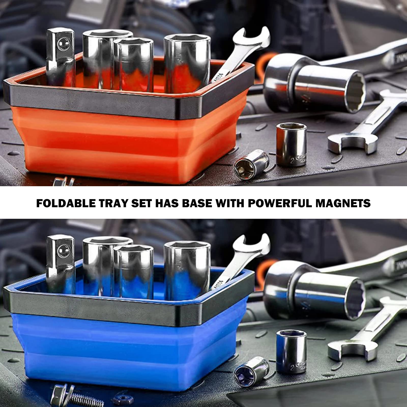 Collapsible Magnetic Silicone Tool Tray Set - Foldable Parts Organizer with Strong Magnets (4 Pack) - Perfect for Mechanics, DIY Projects & Workshop Organization