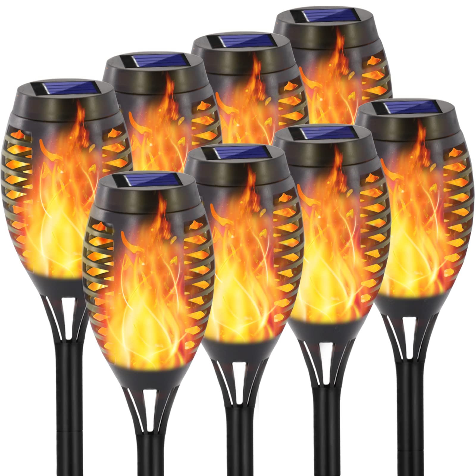 8 Pack Solar Torch Lights with Flickering Flame - 12 LED Waterproof Outdoor Solar Tiki Torches for Garden, Yard, Patio - IP65 Weatherproof Landscape Decoration Lights for Parties, Camping & Pathways