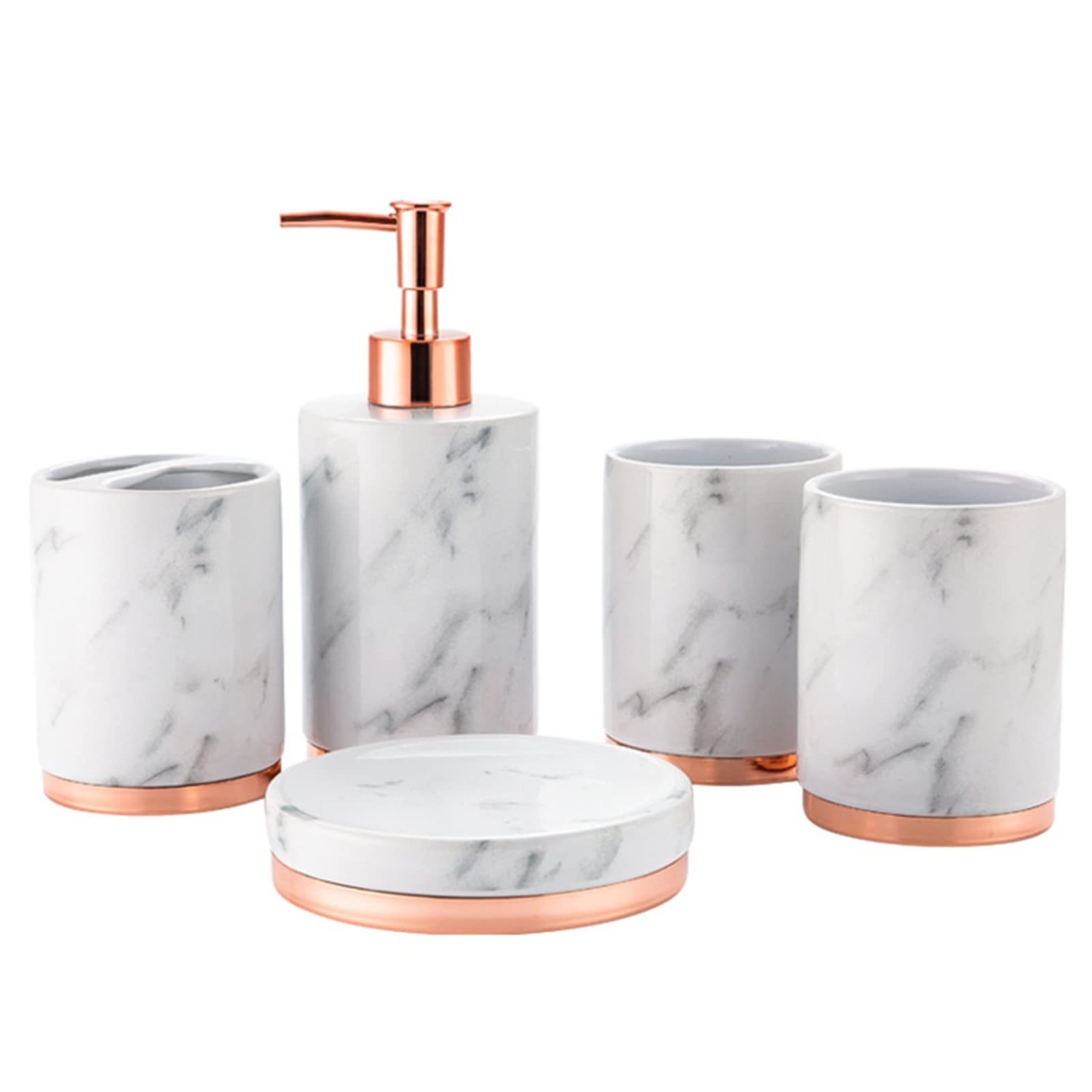 Premium 5-Piece Marble Bathroom Accessory Set - Soap Dish, Toothbrush Holder, Lotion Dispenser & Tumbler Cups for Couples | Elegant White Vanity Organizer for Modern Bathrooms, Spa-Like Luxury at Home