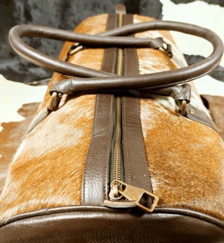 Genuine Cowhide Leather Duffel Bag - Large Exotic Travel & Gym Bag with Hair-on Hide - Choose Tricolor (Black/Brown/Tan) - Perfect for Overnight Trips, Sports & Business Travel