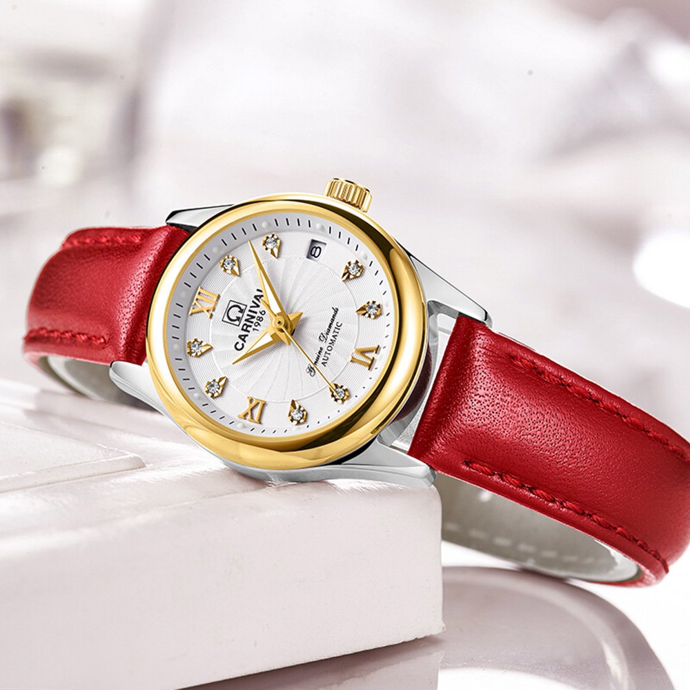 Luxury Women's Automatic Mechanical Watch with Luminous Calendar, Diamond Accents & Waterproof Leather Strap (Red/White) - Perfect for Business, Parties & Everyday Wear