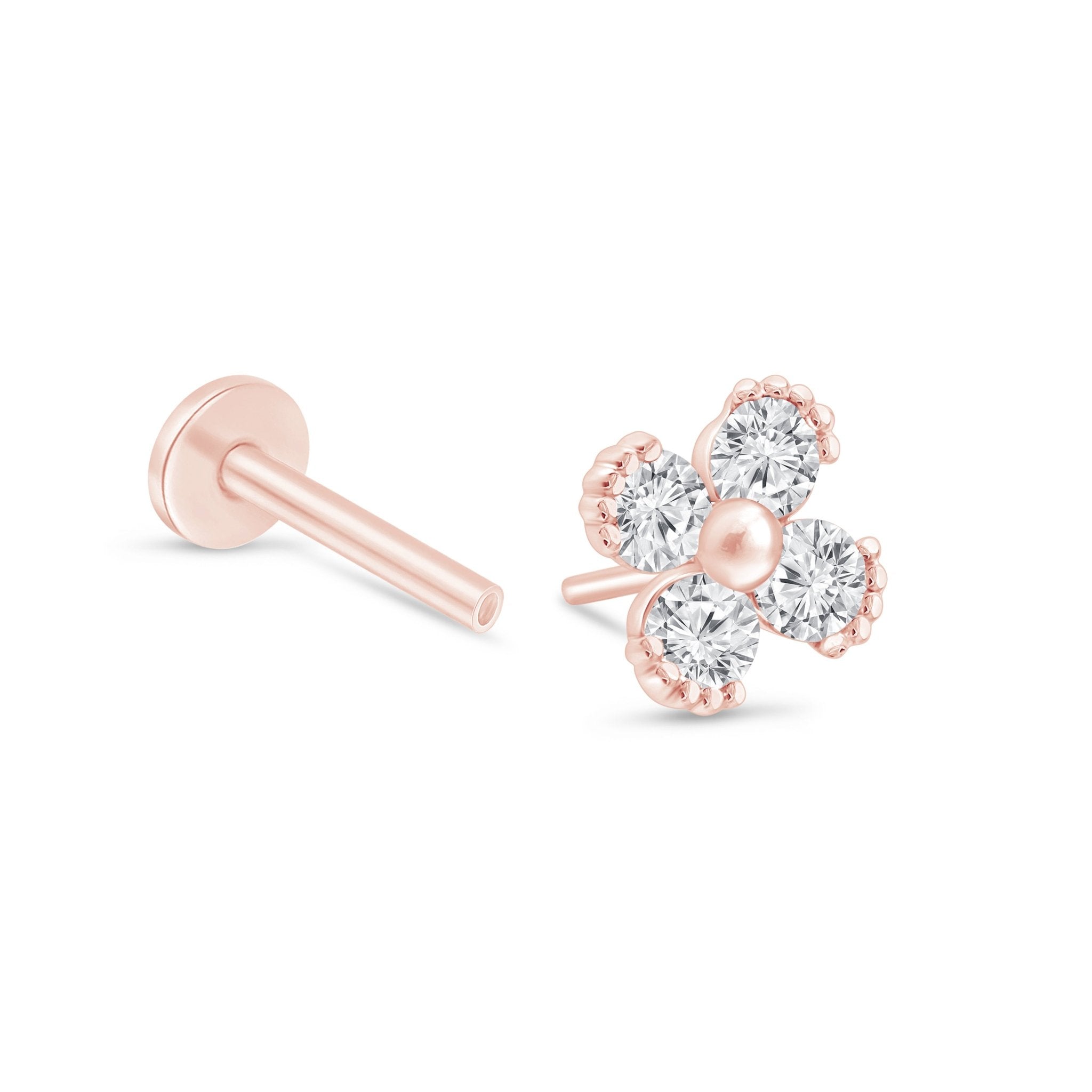 14K Rose Gold Beaded Diamond Four Petal Flower Flat Back Stud Earrings - Perfect for Weddings, Parties & Everyday Elegance