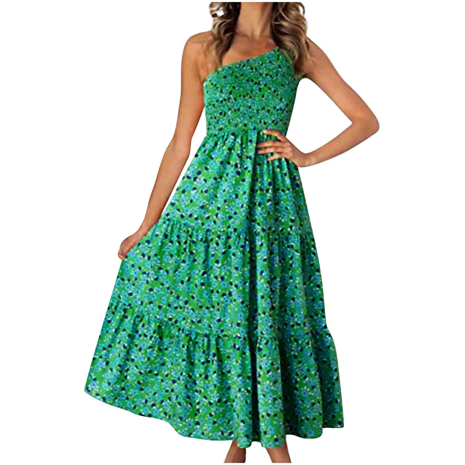 Women's Summer Maxi Dress - Casual Boho Sleeveless One Shoulder Smocked Tiered Long Beach Dress | Perfect for Beach Vacations, Music Festivals & Summer Outings