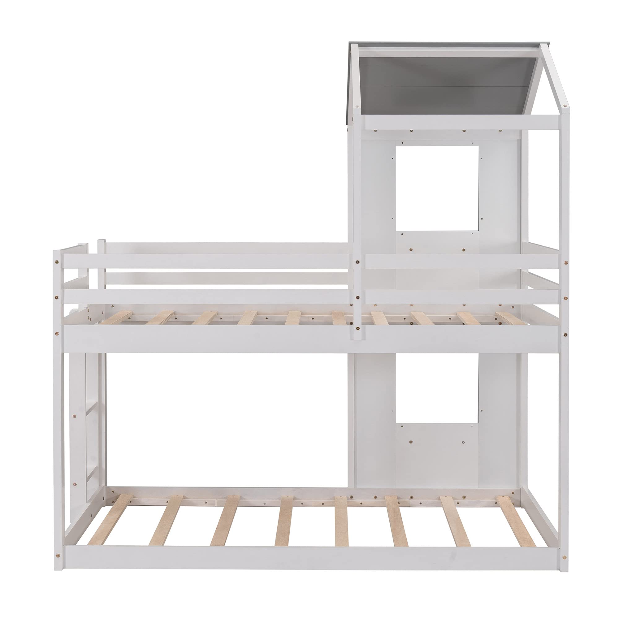 Kids House Shaped Bunk Bed with Roof, Window & Safety Guardrail - Twin Over Twin Loft Bed with Ladder for Boys & Girls - Beautiful White Design - Perfect for Bedrooms, Playrooms & Small Spaces