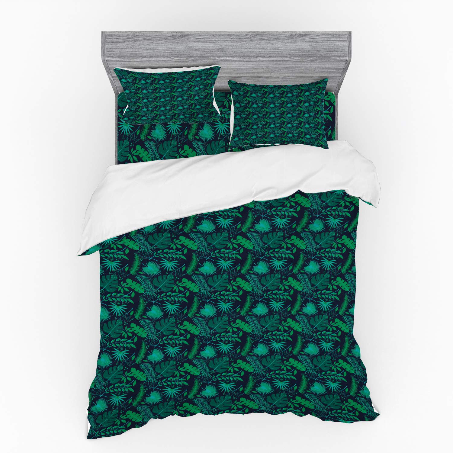Ambesonne Tropical Duvet Cover Set - Queen Size 4-Piece Bedding with Leaves, Hibiscus & Plumeria Jungle Tree Design in Indigo Jade Green | Perfect for Beach House, Boho Bedroom & Tropical Themed Decor