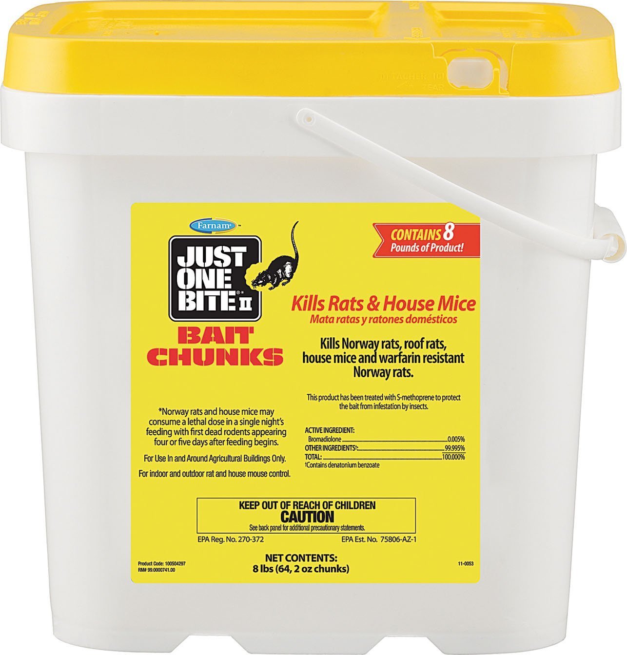 Farnam Just One Bite II Rodent Bait Chunks - 12 lbs (96 Pieces, 2 oz Each) for Effective Rat & Mouse Control in Homes, Farms & Warehouses