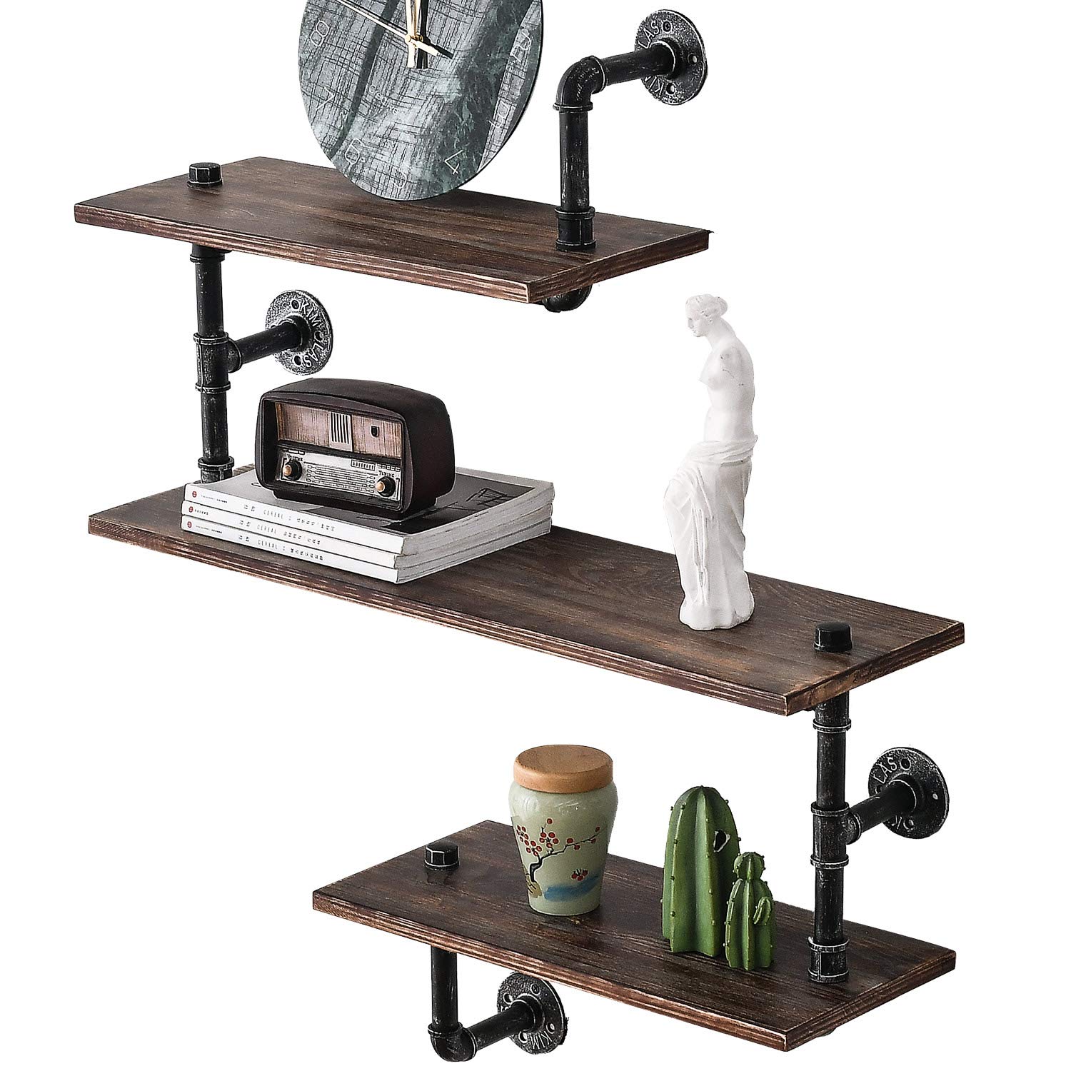 Industrial Floating Pipe Shelves - Rustic Wall Mounted Shelf Brackets for Bathroom, Kitchen, Books | Perfect for Farmhouse Decor, Small Space Storage & Home Organization