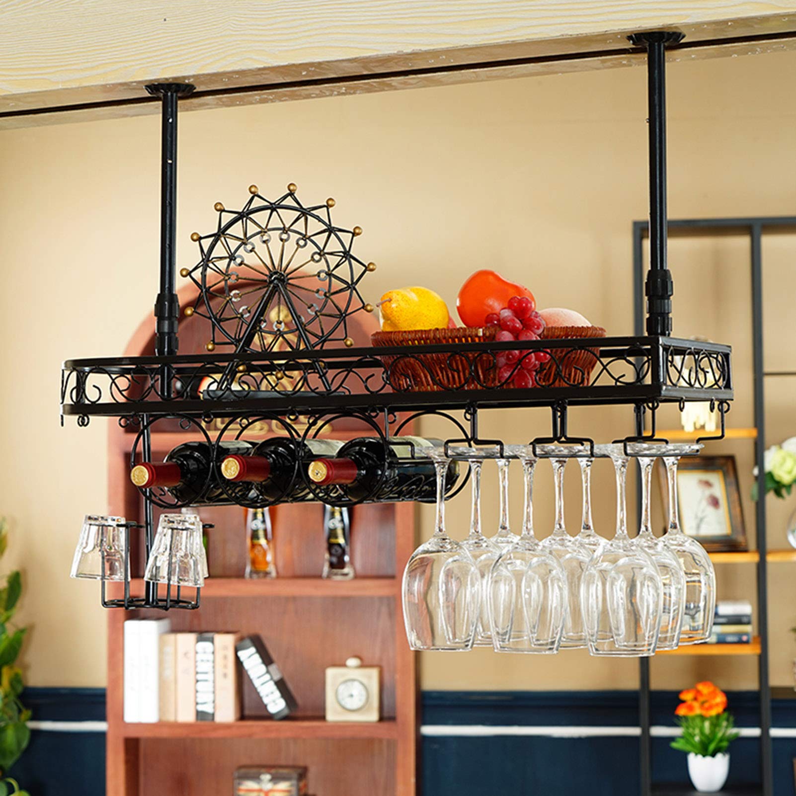 Rustic Metal Wine Shelf - Ceiling Mounted Stemware Hanger Organizer Rack - Holds 3 Wine Bottles & 15 Glasses (80x25cm) - Perfect for Kitchen, Bar, Restaurant & Home Wine Storage