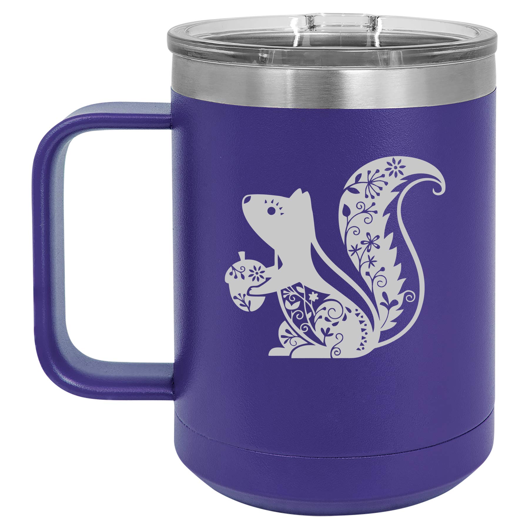 15 oz Vacuum Insulated Stainless Steel Tumbler with Handle & Lid - Leakproof Travel Coffee Mug for Hot & Cold Drinks, Cute Squirrel Design (Purple) - Perfect for Office, Commuting, Camping & Outdoor Activities