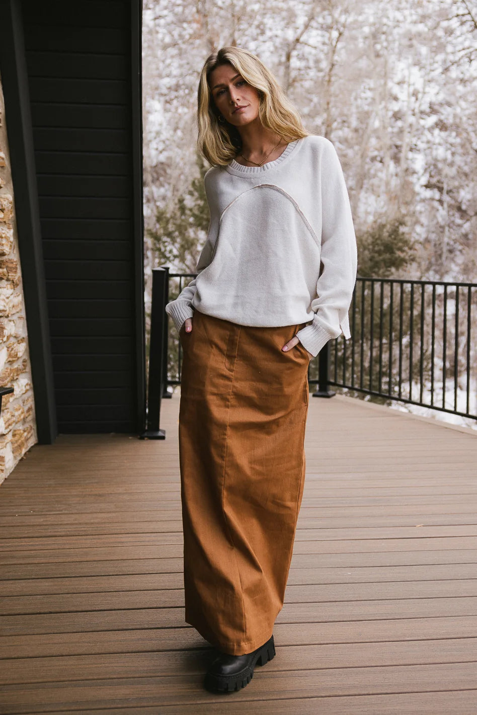 Madelynn Brown Skirt for Women | A-Line Midi Skirt with Pockets | Perfect for Office, Date Night & Casual Outfits | FINAL SALE