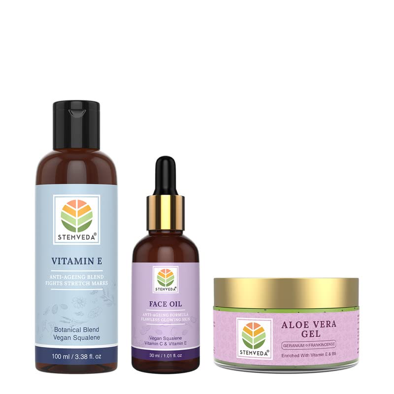 STEMVEDA Anti-Aging Skincare Set - 3-Piece Combo for Flawless Glowing Skin (Vitamin E Serum 100ml, Face Oil 30ml, Aloe Vera Gel 110g) | Sensitive Skin Friendly | Perfect for Daily Hydration & Nighttime Routine