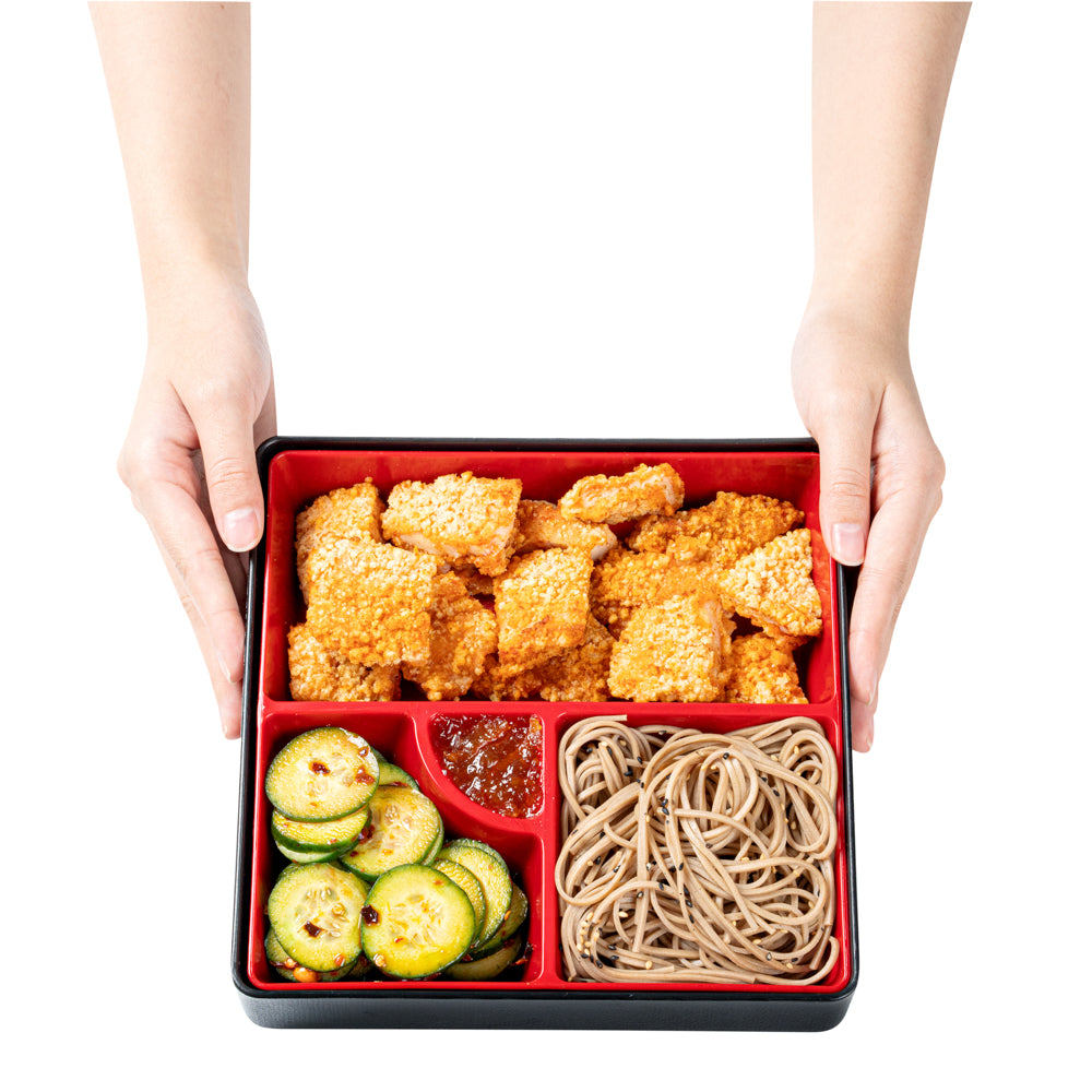 Japanese Style Bento Box - Square Black & Red 4-Compartment Lunch Box (8.25
