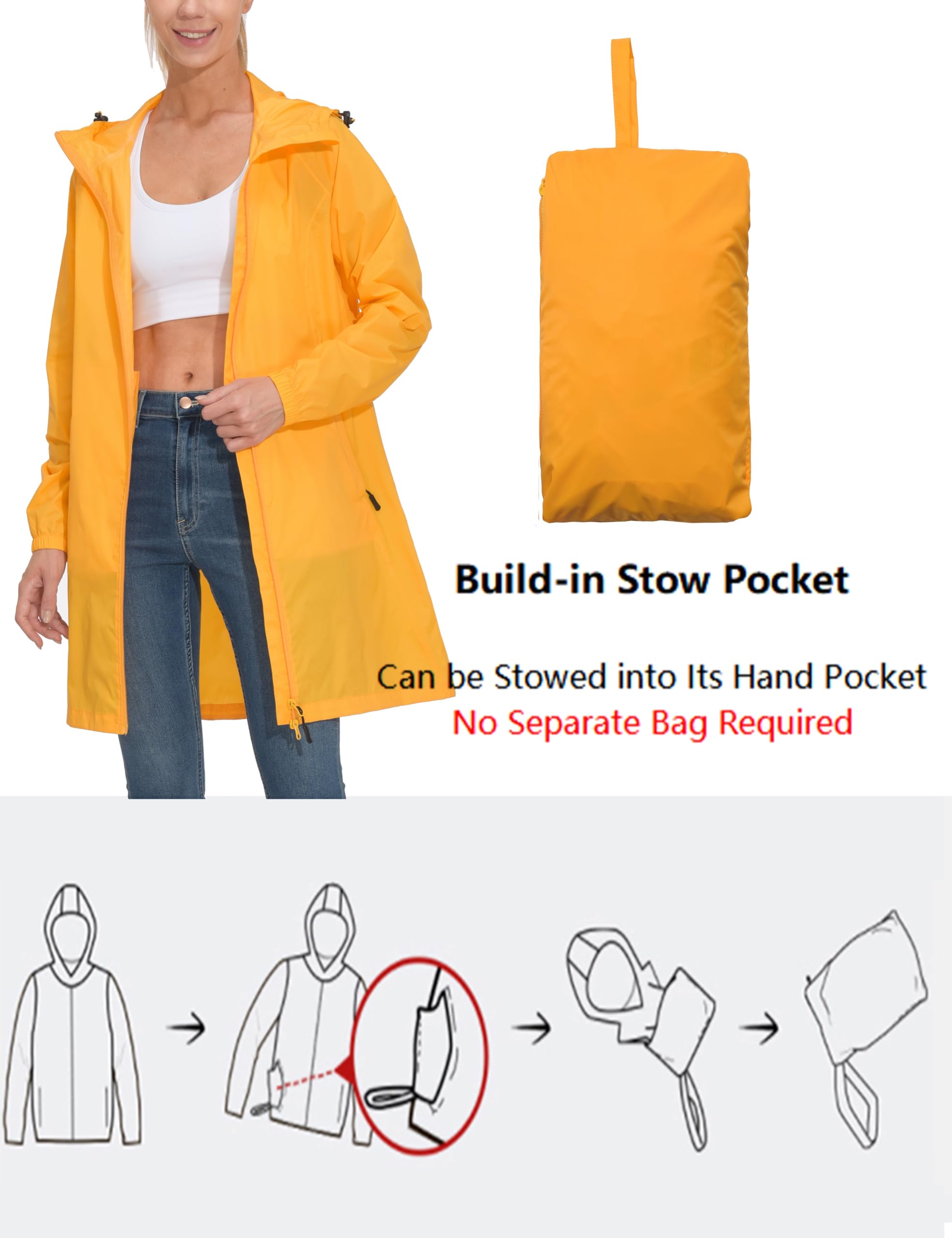 Mapamyumco Women's Ultra-Light Packable Waterproof Long Rain Jacket with Hood - Windproof Travel Raincoat with Zipper Pockets for Hiking, Camping & Outdoor Activities