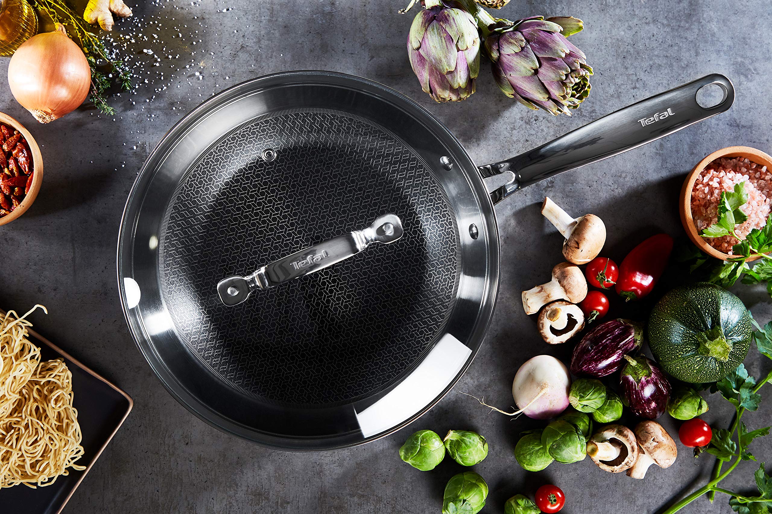 Tefal E49716 Eternal Mesh Non-Stick Wok Pan - 12.5 Inch Stir Fry Pan for Asian Cooking, Sauteing & Deep Frying - Induction Compatible Cookware