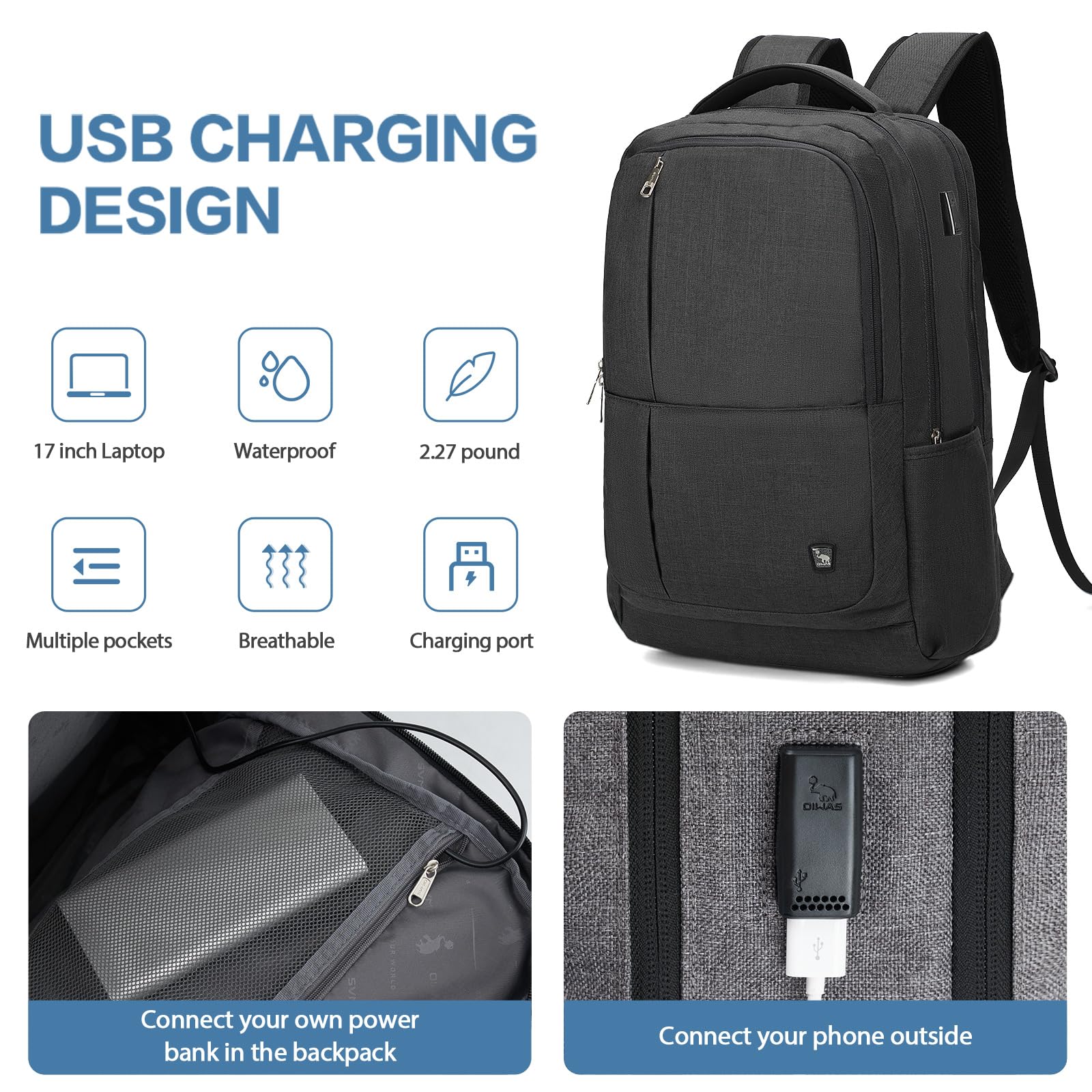 OIWAS 17 Inch Laptop Backpack - Lightweight Business & Travel Bag for Men & Women (Black) - Perfect for Work & Commute
