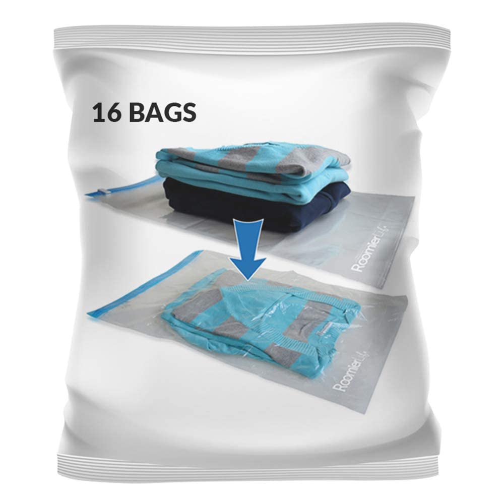 16 Pack Vacuum Storage Bags for Travel - Space Saver Compression Bags (Medium to Large) | No Vacuum Needed | Perfect for Clothes, Blankets, Comforters & Packing Organizers | Ideal for Travel, Moving & Home Storage Organization