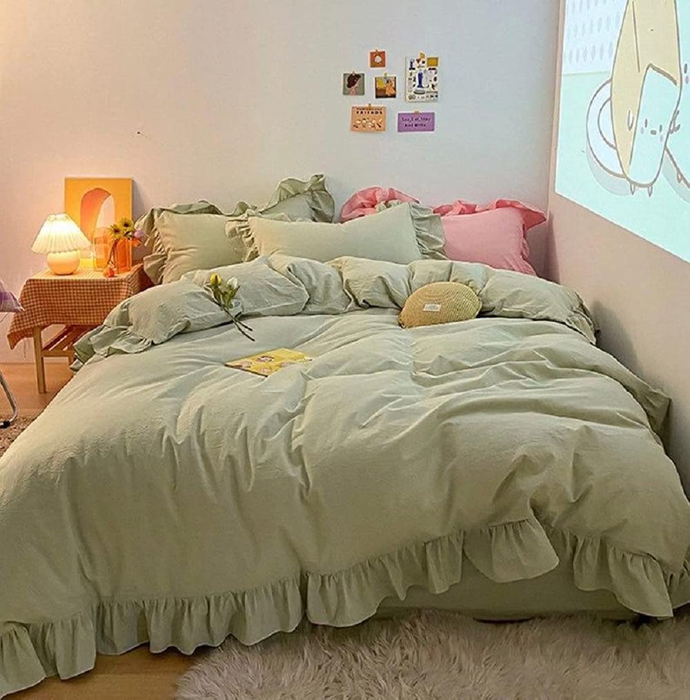 Sage Green Washed Ruffled Duvet Cover Queen Size - Soft Ruffled Comforter Set with Shabby Chic Design for Cozy Bedroom Decor | Perfect for Master Bedroom, Guest Room & Farmhouse Style Homes