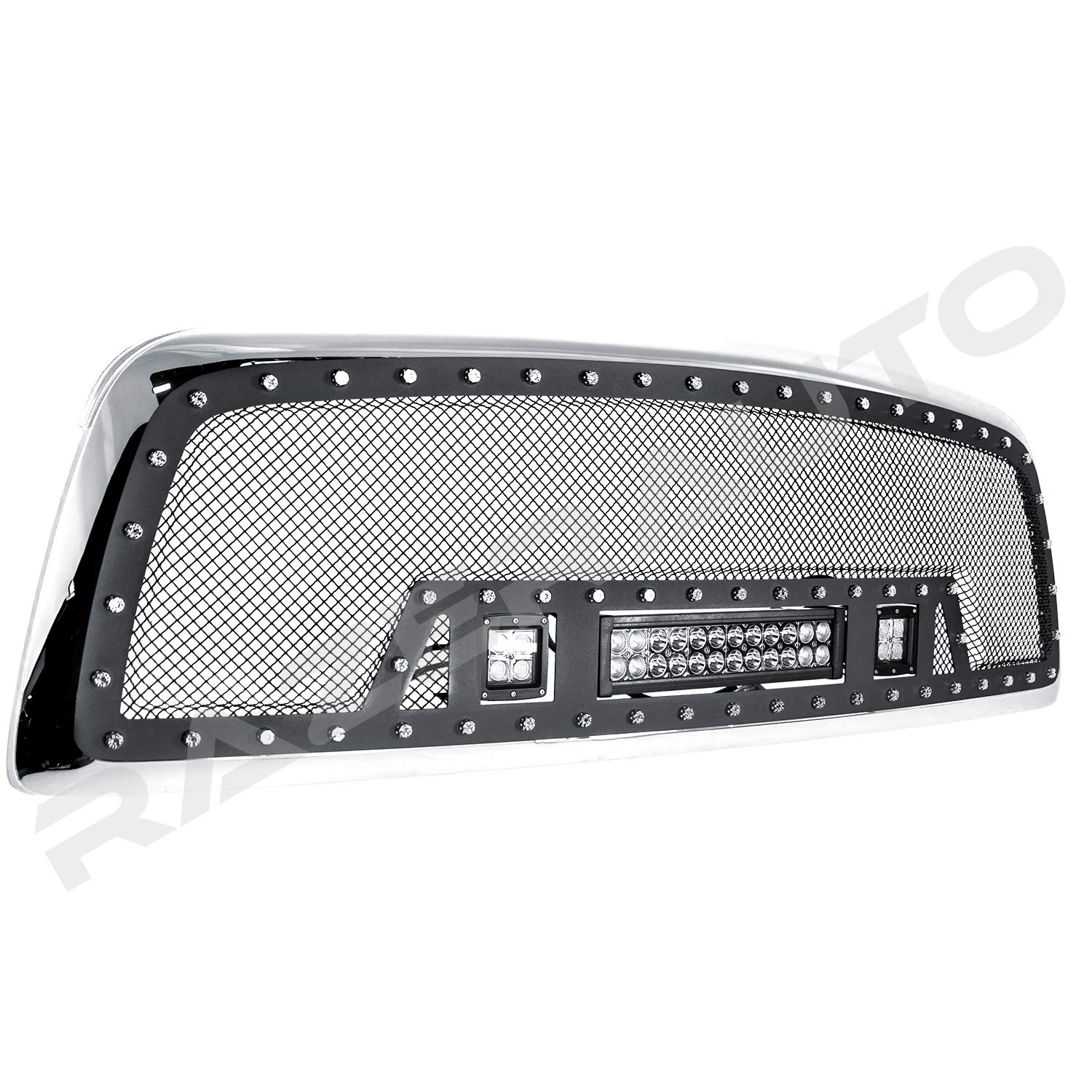 2009-2012 Dodge Ram 1500 Complete Chrome Grille Shell Replacement with Matte Black Stainless Steel Mesh & LED Lights - Upgrade Your Truck's Front End for Enhanced Style and Visibility