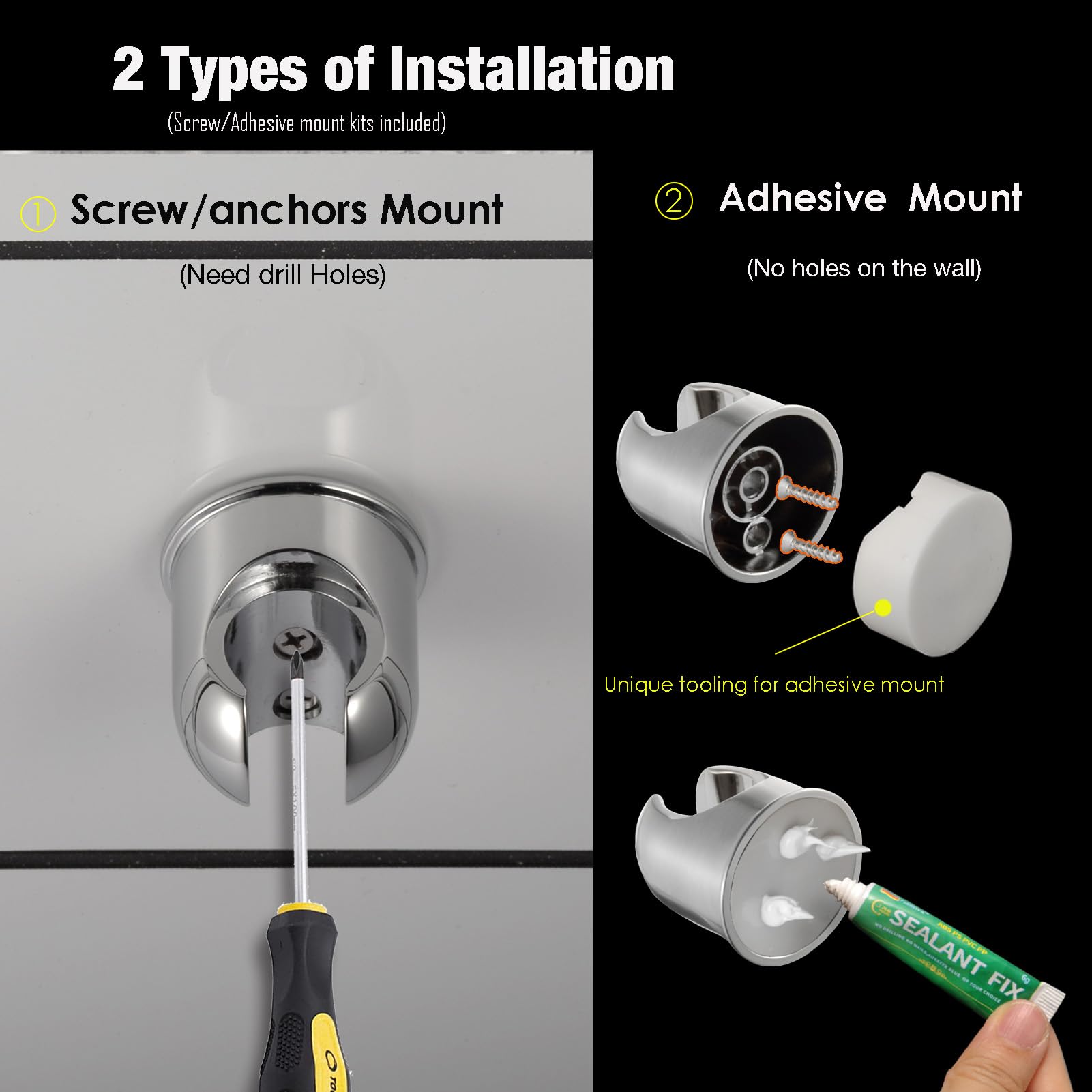 All Metal Handheld Shower Head Holder - Polished Chrome Wall Mount with Adhesive & Screw Installation - Minimalist Bathroom Accessory for Shower Sprayer - Perfect for Small Bathrooms & RV Showers