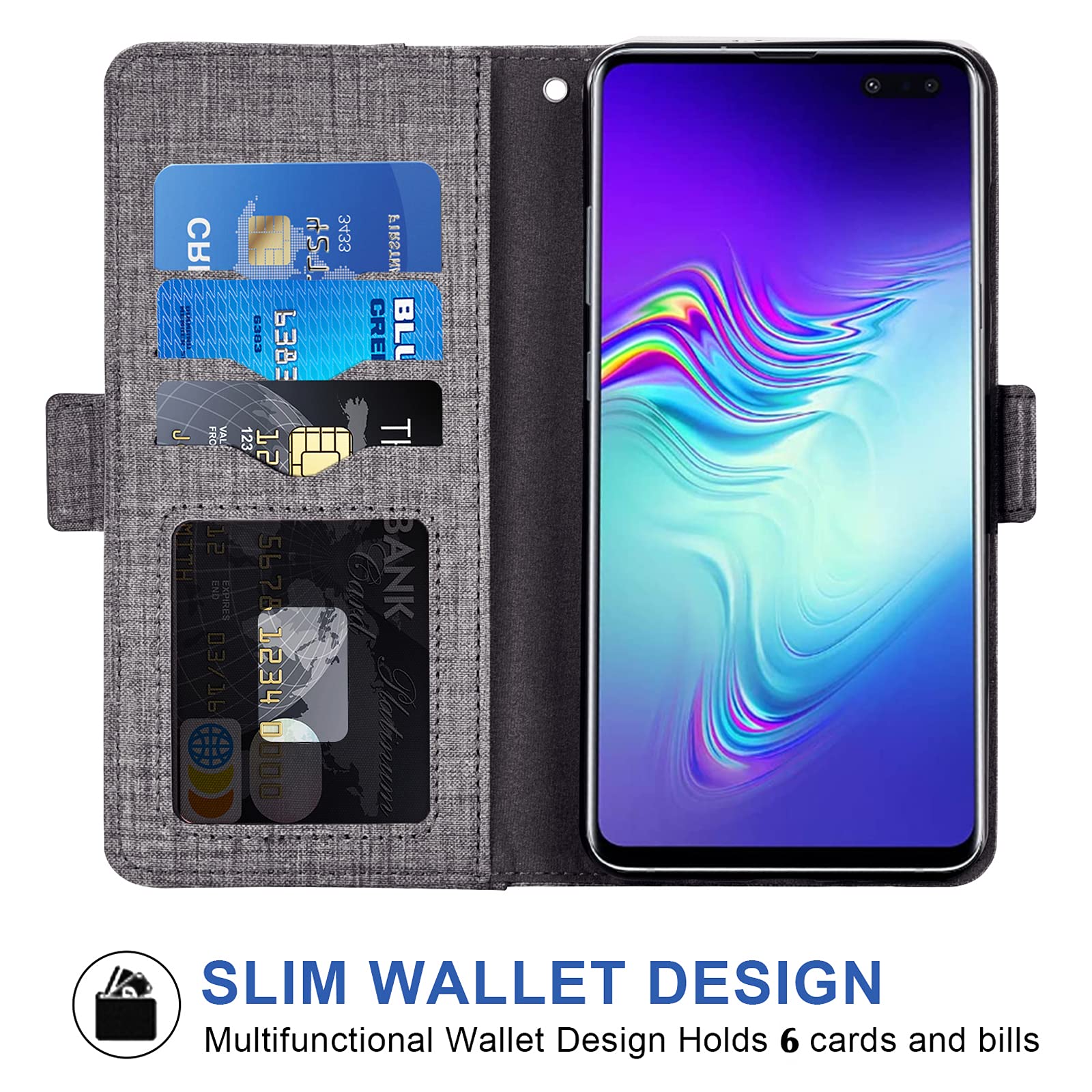 ASUWISH Samsung Galaxy S10 5G Wallet Case with Tempered Glass Screen Protector - Leather Flip Cover with Card Holder & Stand Feature - Compatible with Galaxy S105G/S10 5G - Perfect for Men, Women & Teens (Gray) - Ideal for Work, Travel & Everyday Protection