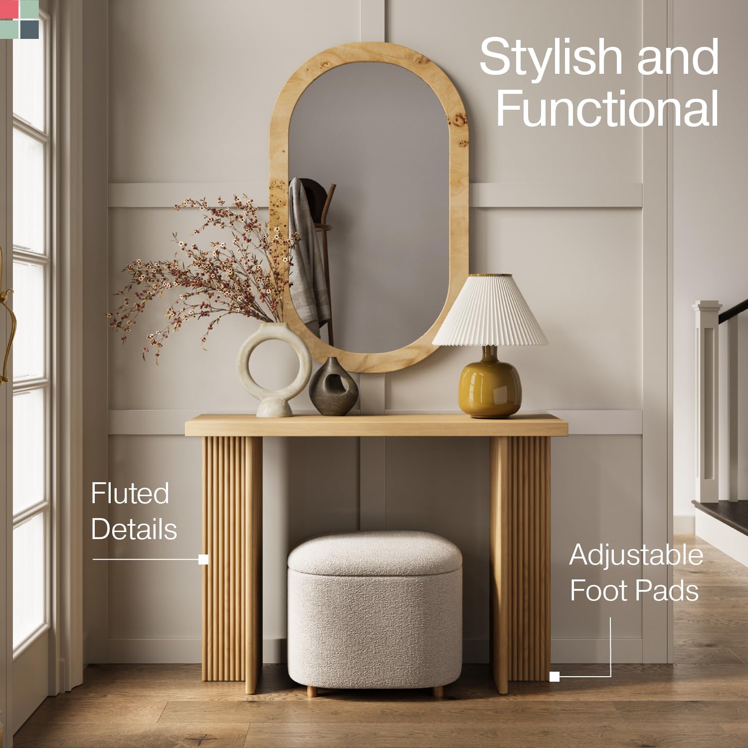 Modern Fluted Console Table - Solid Wood Narrow Entryway Table for Small Spaces - Natural Oak Living Room Furniture - Perfect for Hallway, Foyer & Apartment Decor
