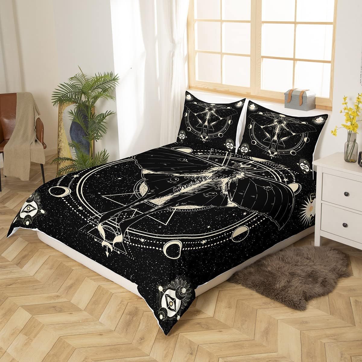 Castle Fairy Death Moth Queen Size Bedding Set - Stars & Moon Phase Space Themed Duvet Cover with 2 Pillowcases | Soft Microfiber Comforter Cover for Kids' Bedroom Decor | Perfect Gift for Fantasy & Gothic Aesthetic Lovers