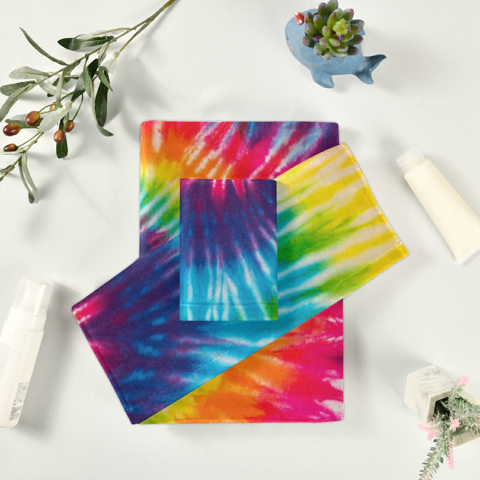 Pfrewn Tie Dye Bath Towel Set of 3 - Soft Absorbent Rainbow Hippie Towels for Bathroom, Hand & Washcloth - Boho Chic Abstract Swirl Design - Perfect for Guest Towels, Spa Days & Bohemian Home Decor