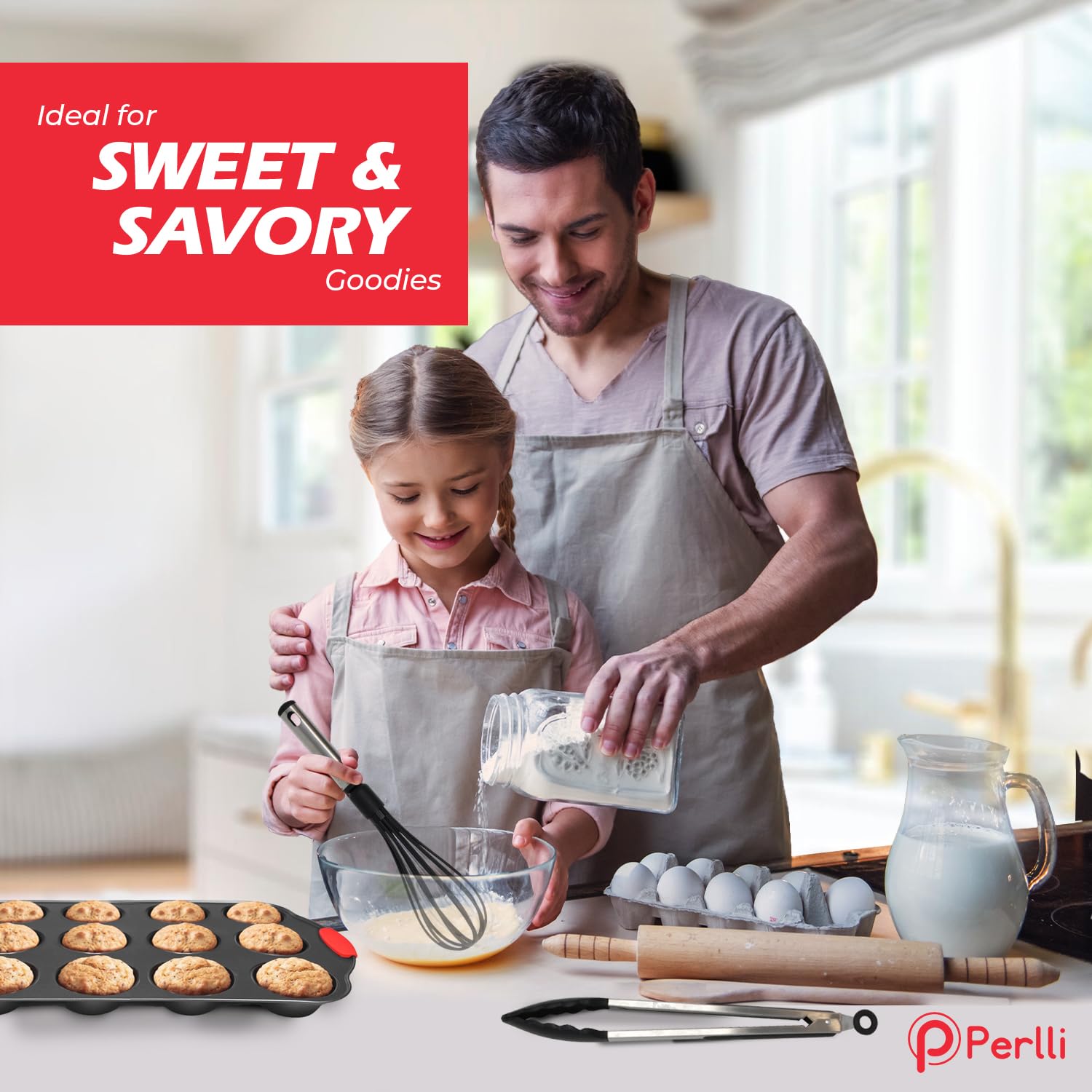 PERLLI Non-Stick 17-Piece Baking Pan Set - BPA-Free Carbon Steel Bakeware with Silicone Handles, Stackable Oven Safe Cookie Sheet & Baking Tray Set (446°F) - Perfect for Cookies, Cakes, Bread & Roasting Vegetables