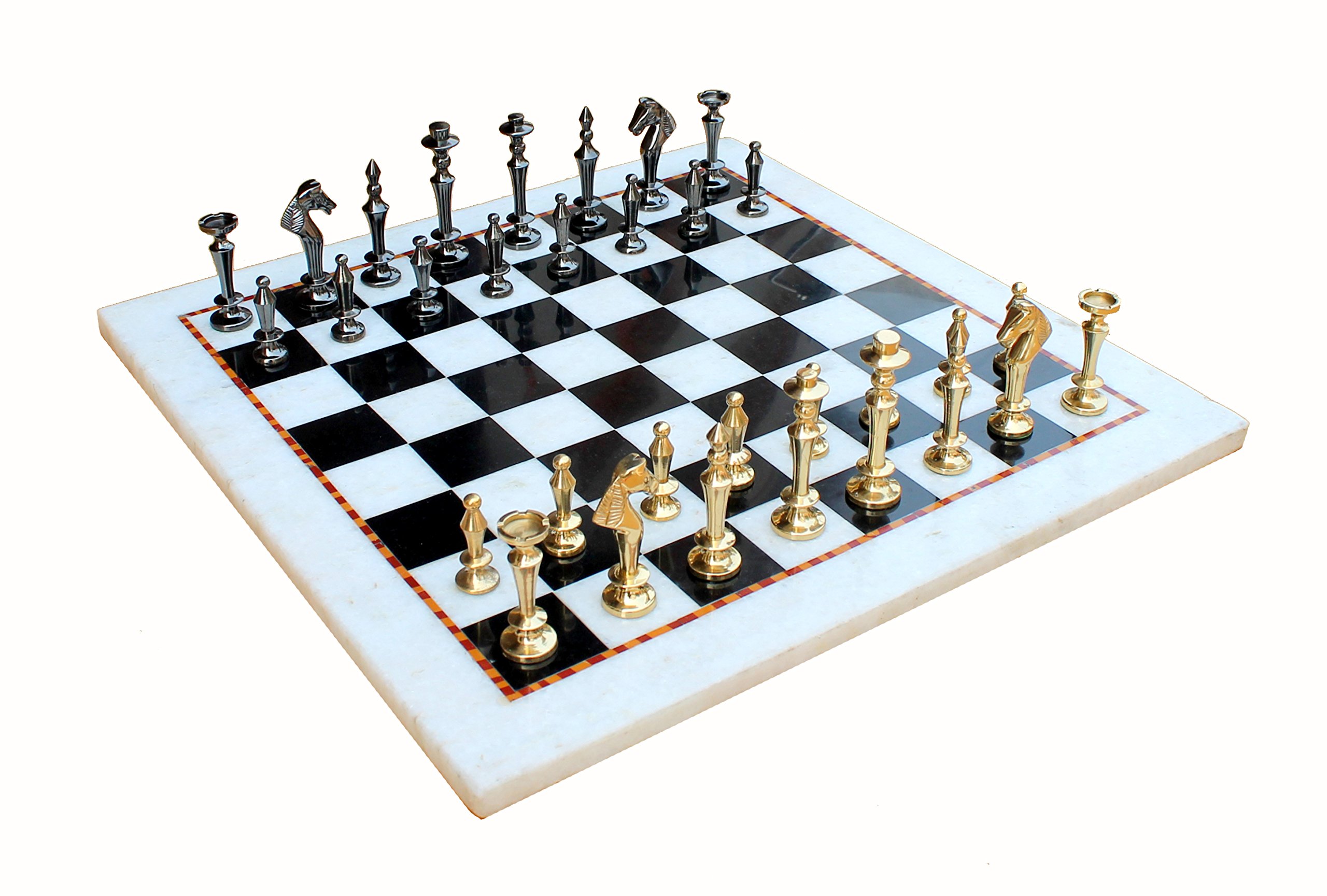 Premium White & Black Marble Chess Set with Brass Pieces - 15
