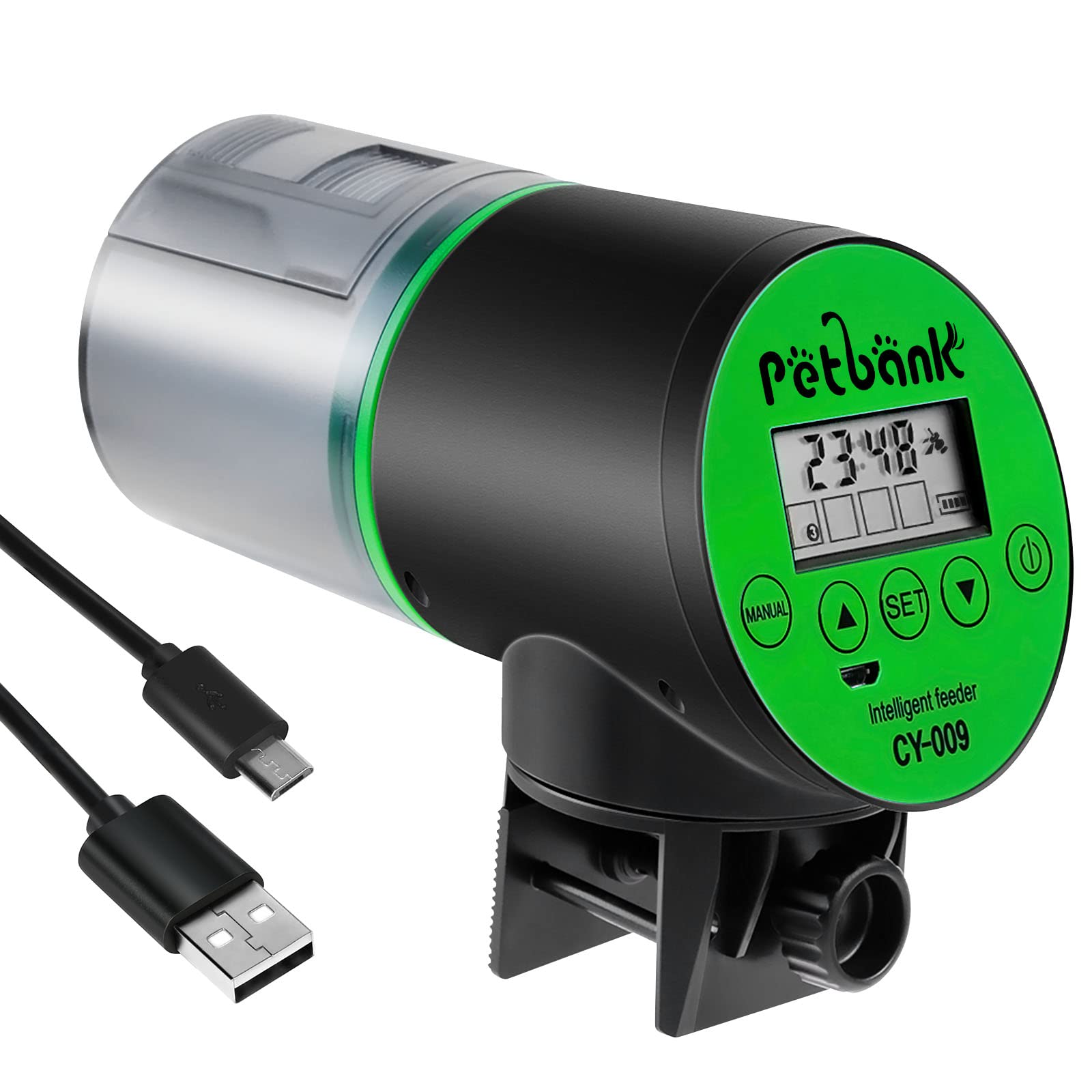 Petbank Automatic Fish Feeder - Rechargeable Timer Fish Food Dispenser with LCD Display & USB Charging for Aquariums | Perfect for Vacation, Holiday & Daily Feeding (2.4L Capacity)