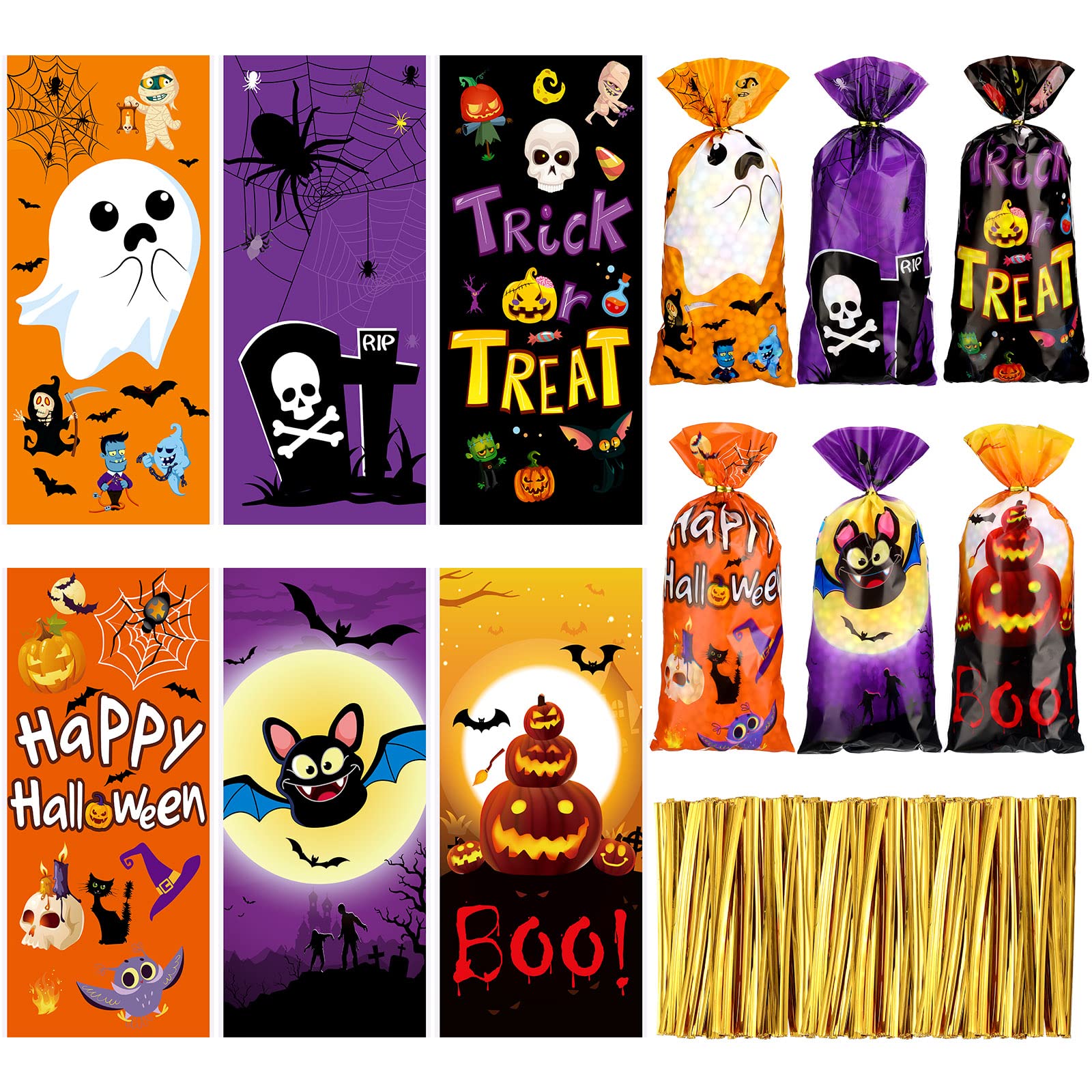Hotop 120 Pcs Halloween Cellophane Bags with 150 Gold Twist Ties - Plastic Trick or Treat Candy Goodie Bags for Halloween Party Favors, Cookie Treats & Gift Wrapping