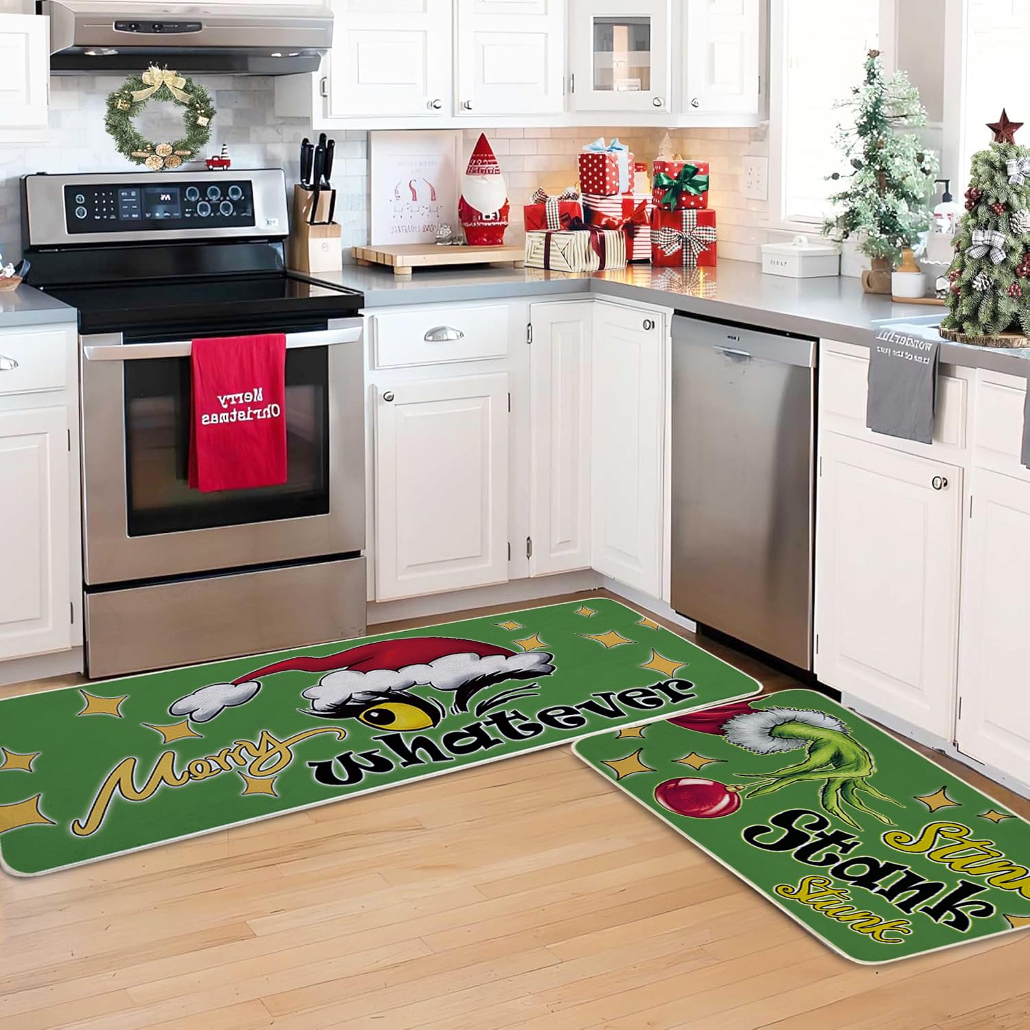 Christmas Kitchen Floor Rugs Set of 2 - Non-Slip Soft Washable Holiday Mats for Kitchen, Sink, Bathroom & Laundry Room - Festive Green Indoor Decor for Holiday Cooking & Home Decorating