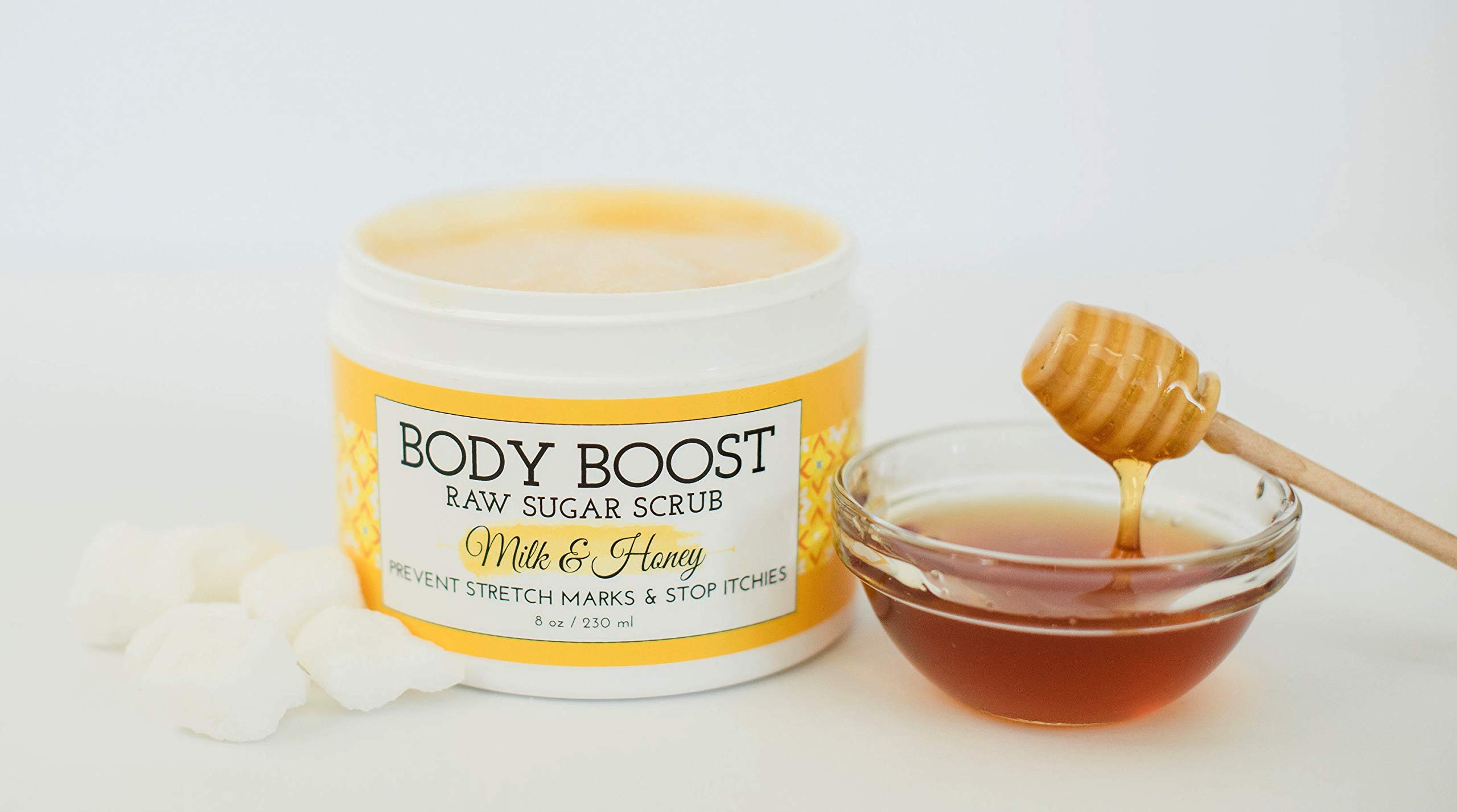 Body Boost Milk & Honey Sugar Scrub 8 oz - Natural Exfoliator for Dry Skin, Stretch Marks & Scars - Hypoallergenic & Pregnancy Safe Skincare - Perfect for Postpartum Care & Daily Moisturizing Routine