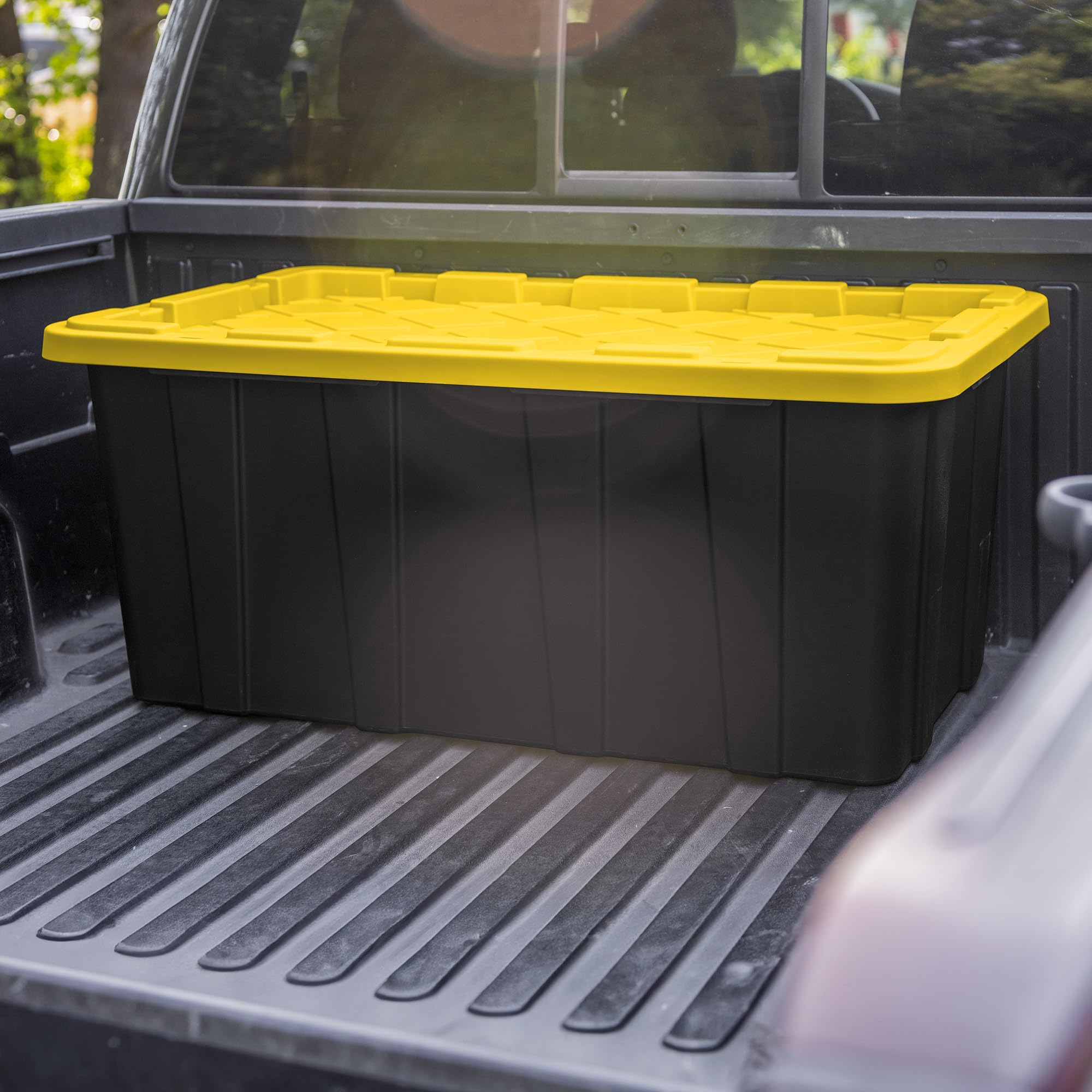Sterilite 4-Pack 38 Gallon Heavy Duty Stackable Storage Bins with Lids - Black & Yellow - Perfect for Home Organization, Garage Storage, and Moving Supplies