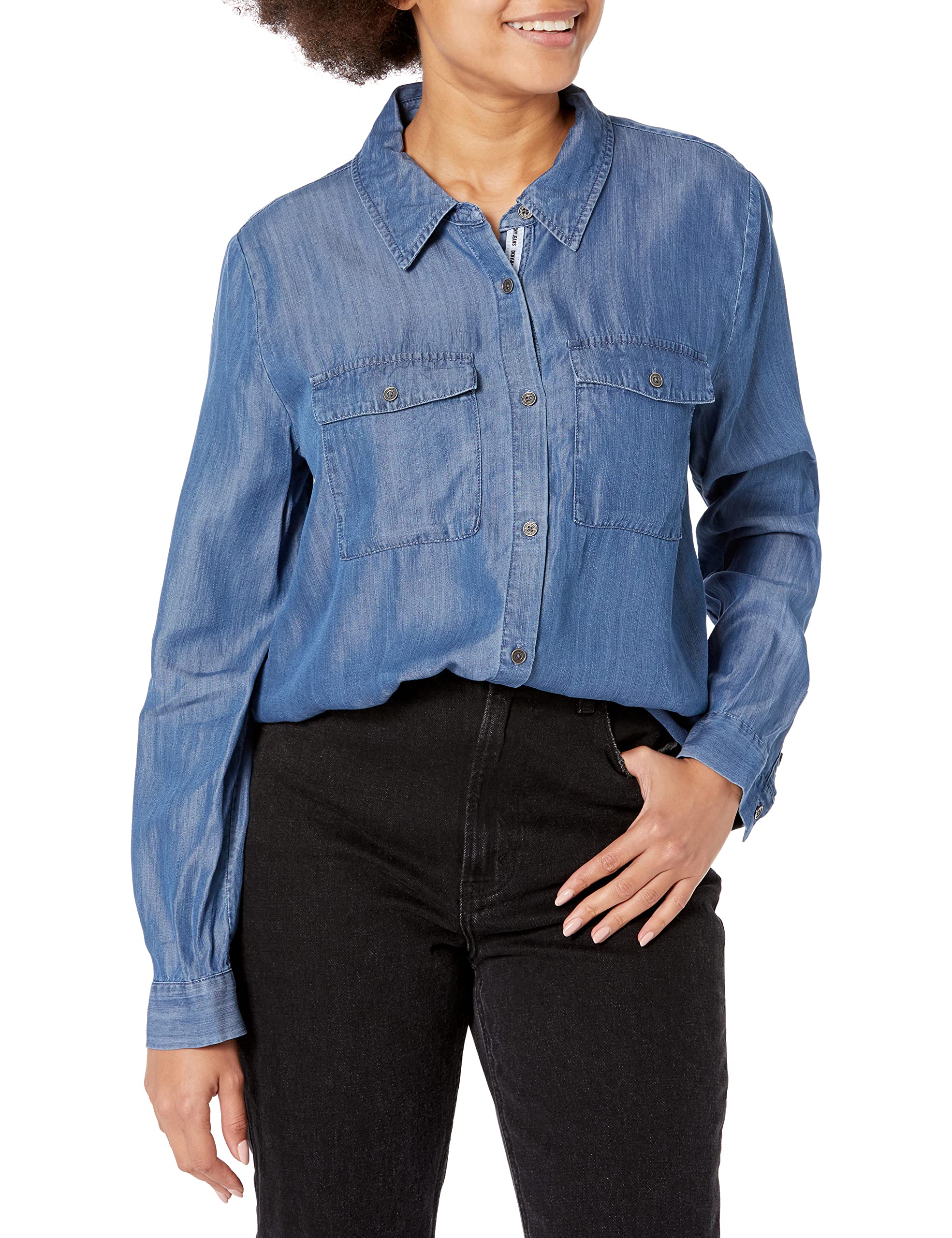 DKNY Women's Everyday Fashionable Jeans Woven Top - Stylish Casual Blouse for Work & Weekend Outings
