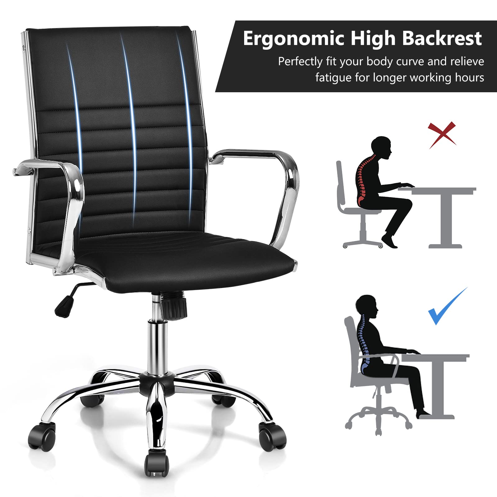 COSTWAY Ergonomic Office Chair - PU Leather High Back Executive Chair with Adjustable Height, Rocking Backrest & Lumbar Support - Ribbed Computer Desk Chair for Home & Office (Black) - Perfect for Long Work Hours & Gaming Sessions