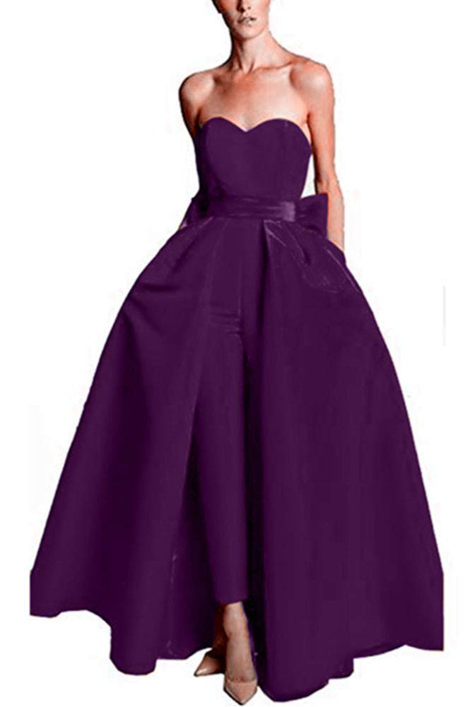 Elegant Off Shoulder Women's Jumpsuit Evening Dress with Detachable Skirt - Sweetheart Neckline Satin Prom Gown Pants in Purple | Perfect for Prom, Cocktail Parties & Formal Events