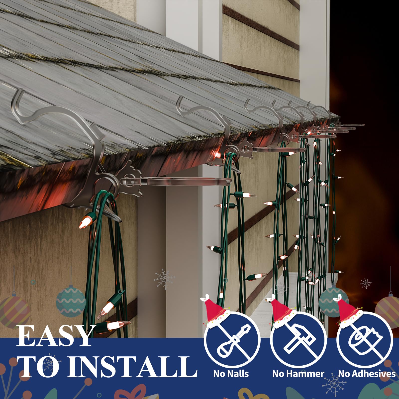 200-Pack Christmas Light Clips for Outdoor Holiday Decorations - Shingle & Gutter Mounting Clips for Mini, C6, C7, C9, Rope & Icicle Lights - No Tools Needed - Perfect for Roof, Fence & Window Decorations