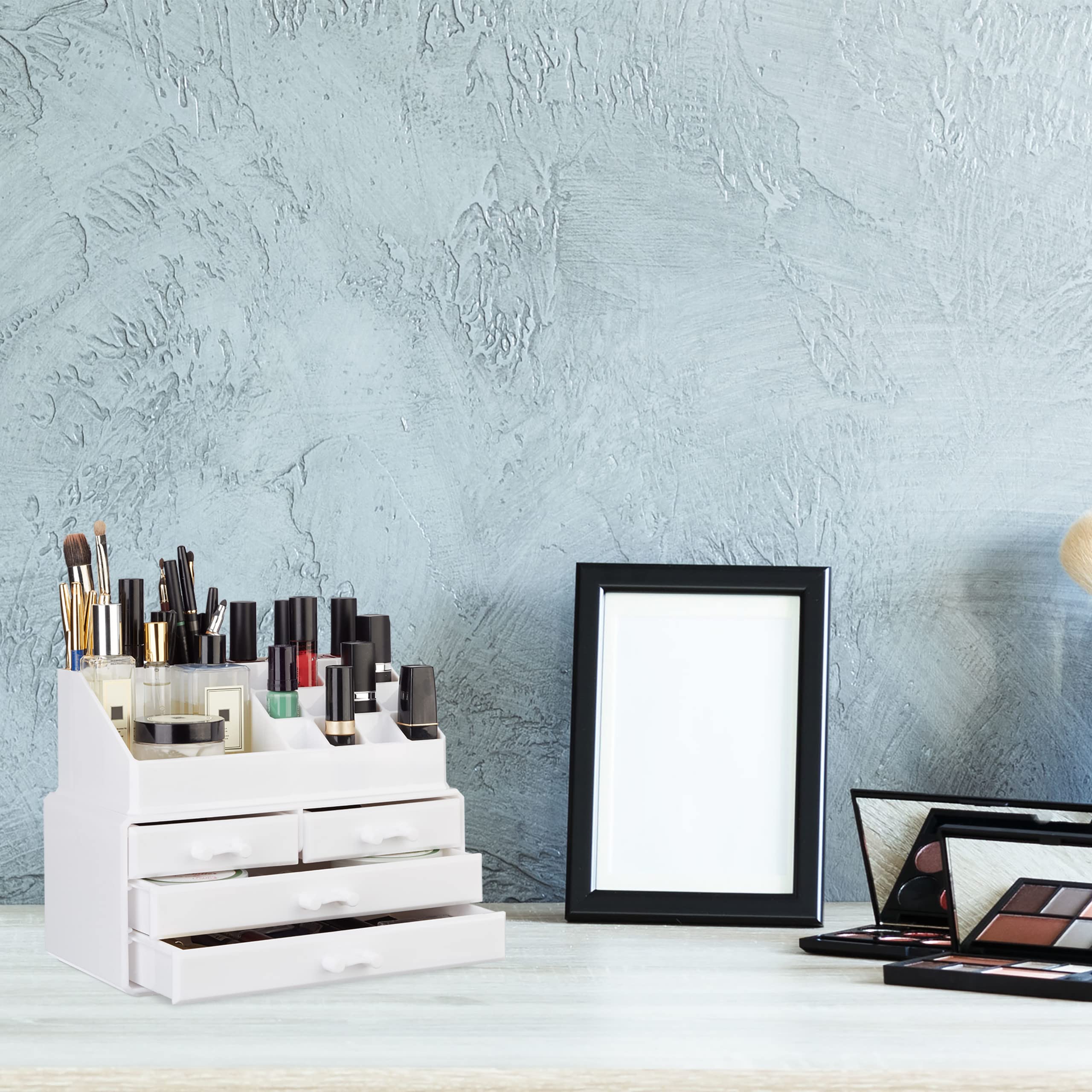 4-Drawer Acrylic Makeup Organizer - Cosmetic Storage Case for Nail Polish, Lipstick & Beauty Products | Perfect for Vanity, Bathroom & Travel Organization (White)