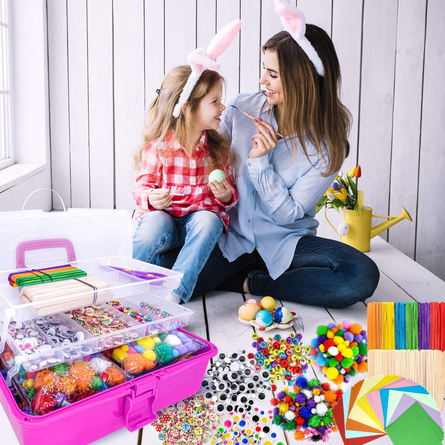 1405 Pcs Kids Craft Kit - DIY Art Supplies for Toddlers & Children with Pipe Cleaners, Pom Poms, Feathers & Storage Box | Creative Gift for School Projects, Birthday Parties & Home Activities (Rose Red)
