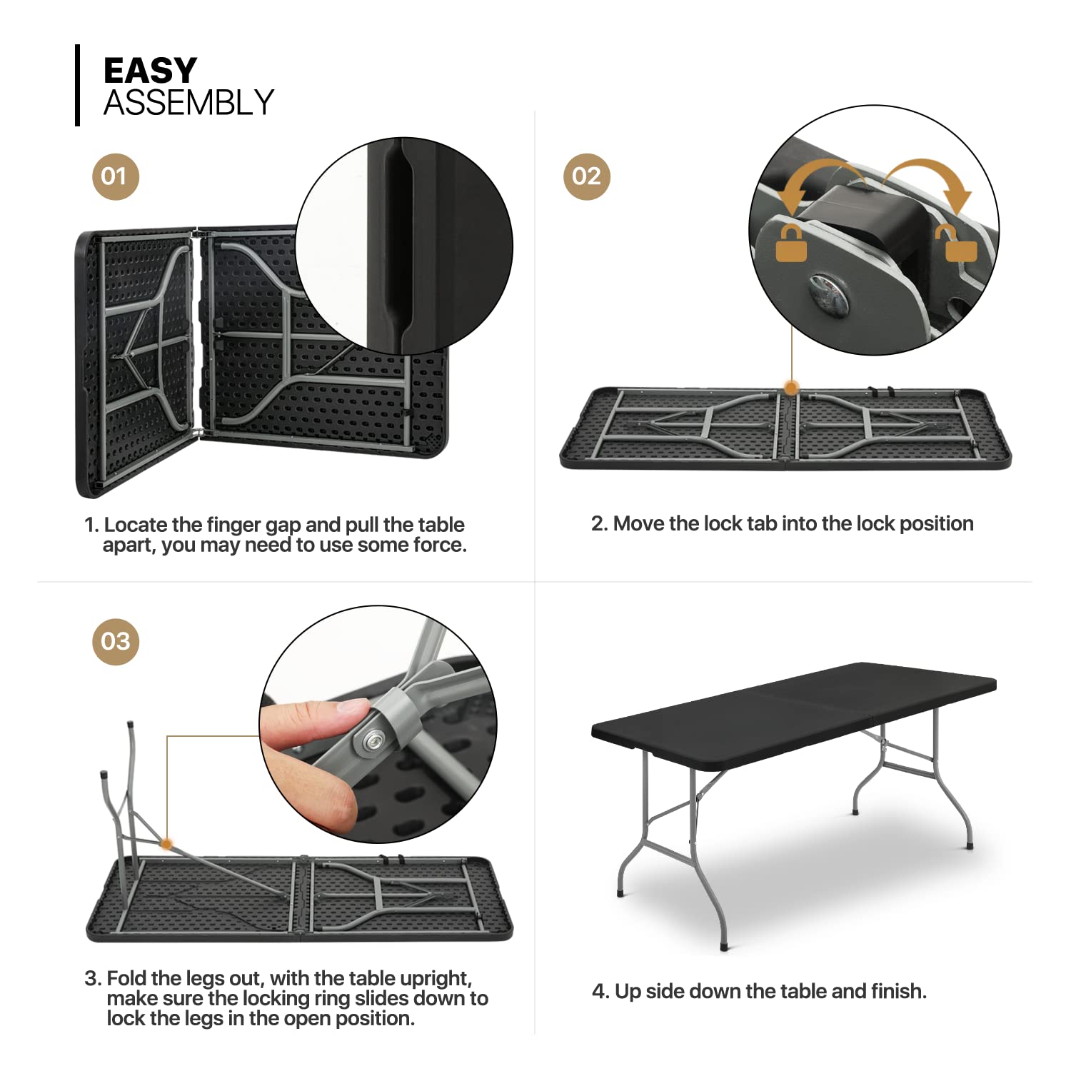 MoNiBloom 6Ft Folding Table - Heavy Duty Portable Plastic Dining Table with Handle & Lock, Fold in Half for Indoor Outdoor Use - Perfect for Camping, Picnic, Party, BBQ, and Home Office (Black)