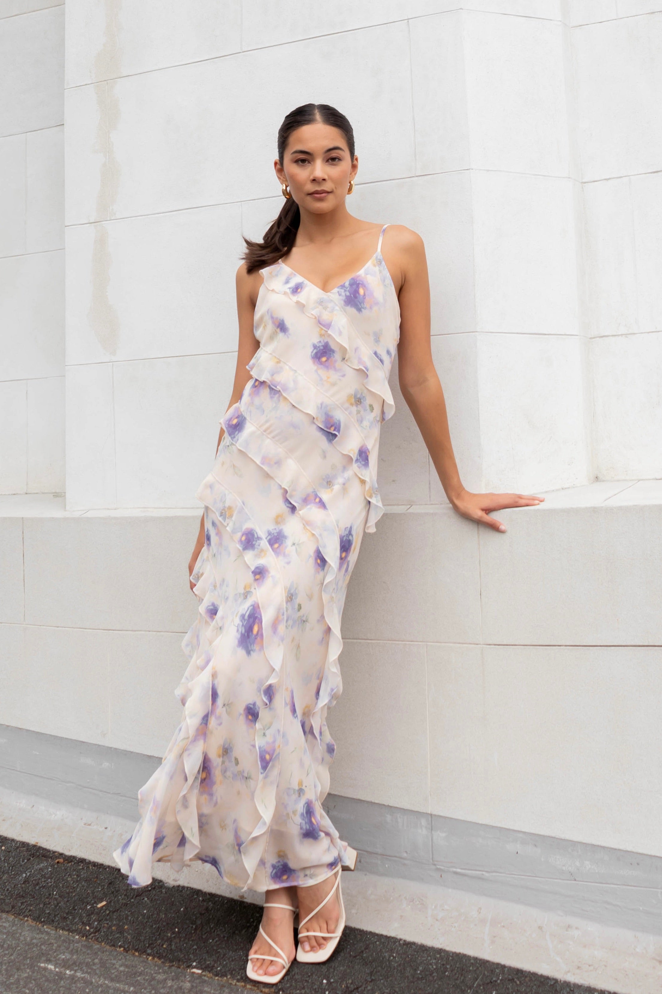 Galore Peach Blue Floral Bias Ruffle Slip Maxi Dress - Women's Summer Beach Wedding Party Dress for Vacation & Special Occasions