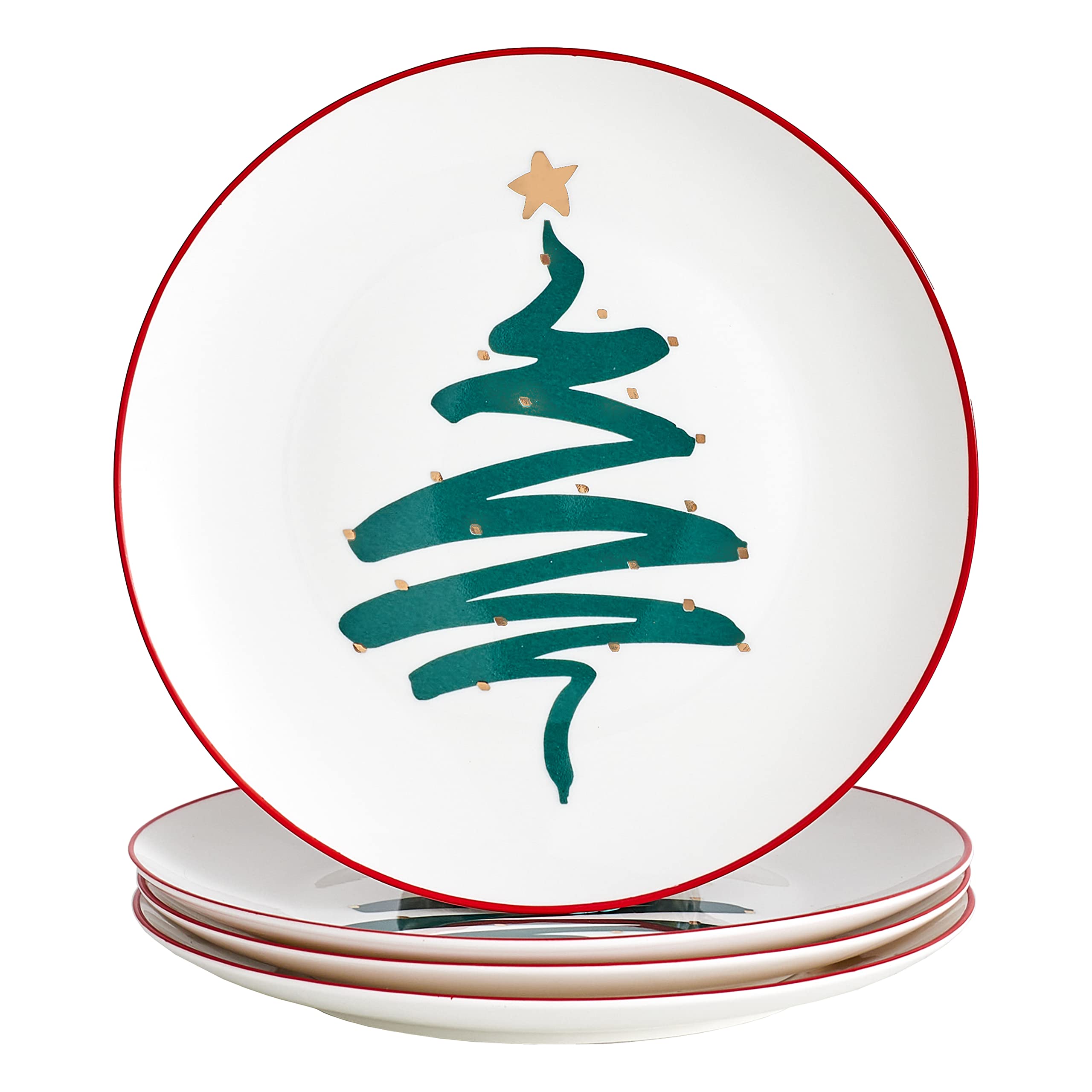 Premium Christmas Bone China Dessert Plates Set of 4 - 8 Inch Elegant Salad Plates, Oven & Dishwasher Safe - Holiday Tree Design for Festive Dining, Party Serving & Special Occasions