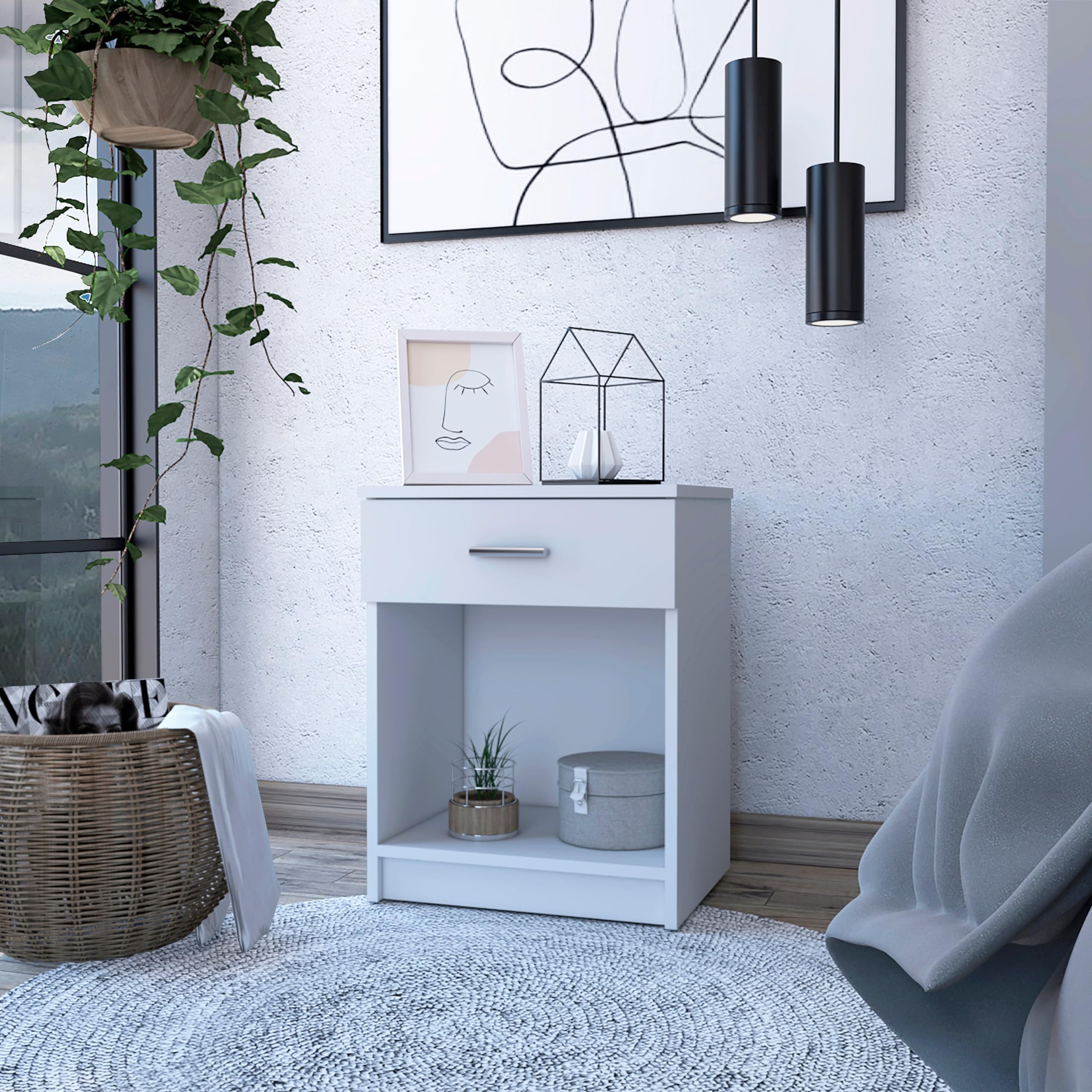 Tuhome White Eco-Friendly Nightstand with Superior Top, One Drawer and Lower Shelf - Perfect for Bedroom, Living Room or Office