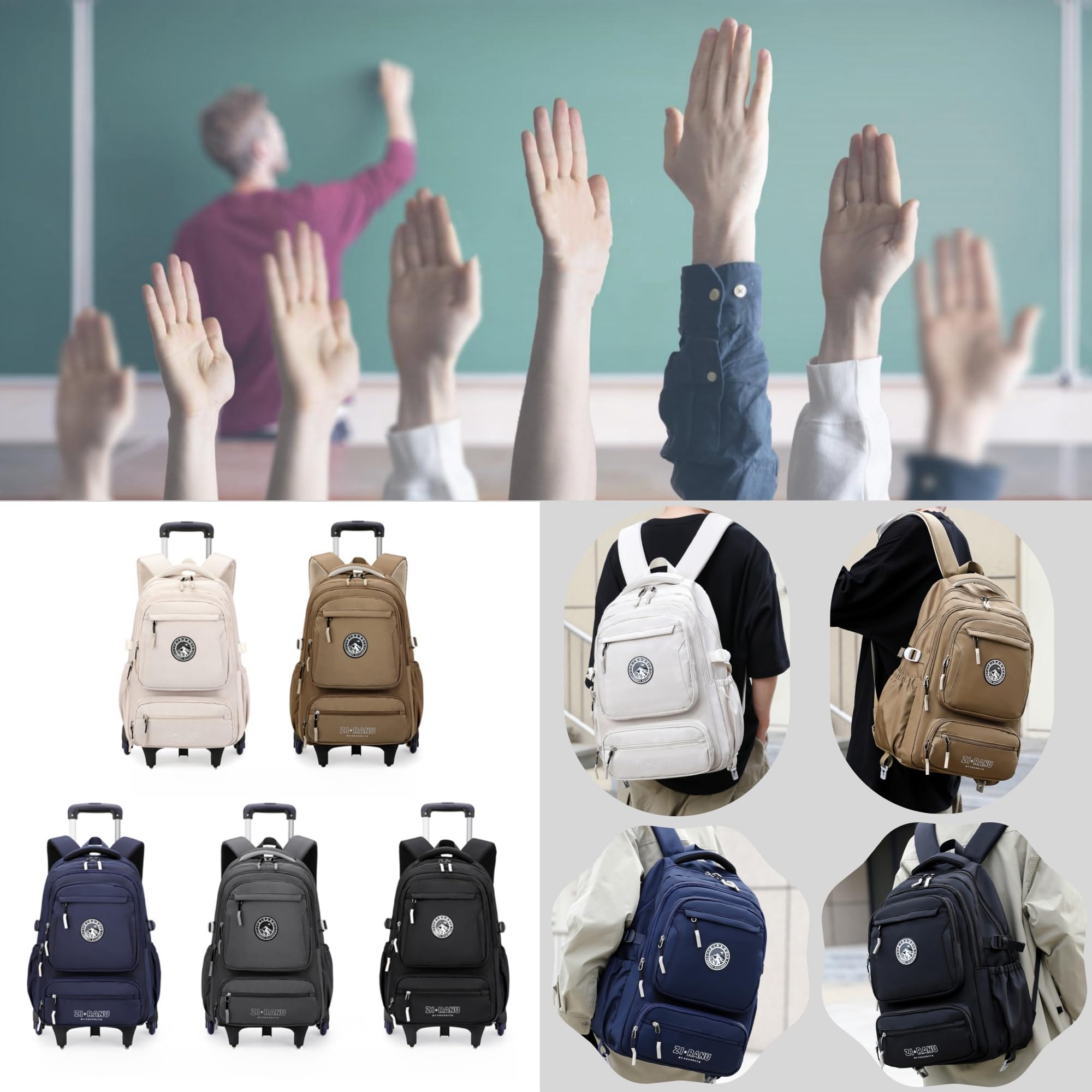 Rolling Backpack for Boys & Girls - 6-Wheel Rolling School Backpack with Wheels for Elementary & Middle School Students, Beige - Perfect for School, Travel & Daily Commute