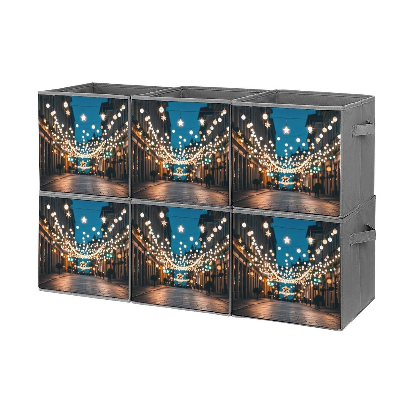 6-Pack Foldable Storage Bins with Handles - Christmas Lights Star Print Large Capacity Storage Boxes for Playroom, Office & Home Organization | Perfect for Holiday Decor Storage, Toy Organization & Closet Space Saving