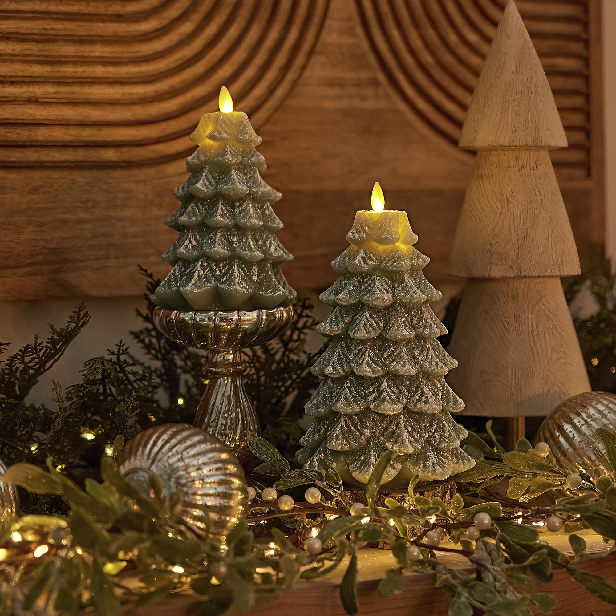 Luminara Flameless LED Candle - Christmas Tree Design with Glitter & Snow Finish, Battery-Operated Realistic Flickering Flame, Timer & Remote Control - 4.7x6.5 Inch Green Decorative Candle for Holiday Home Decor, Winter Weddings & Cozy Ambiance