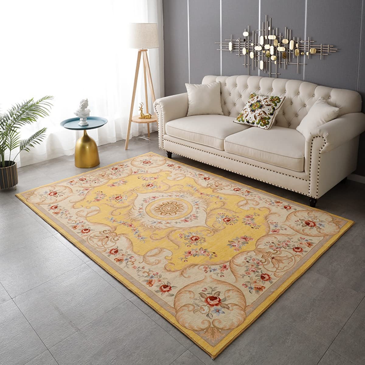 Yellow Floral Pattern Wool Area Rugs - Gold Red Flowers Print Shaggy Farmhouse Carpets for Living Room, Bedroom, Home Office - Soft Indoor Outdoor Classic Runner Rugs for Kitchen & Dining Room - 7x10ft - Perfect for Boho Chic Decor & Cozy Home Styling