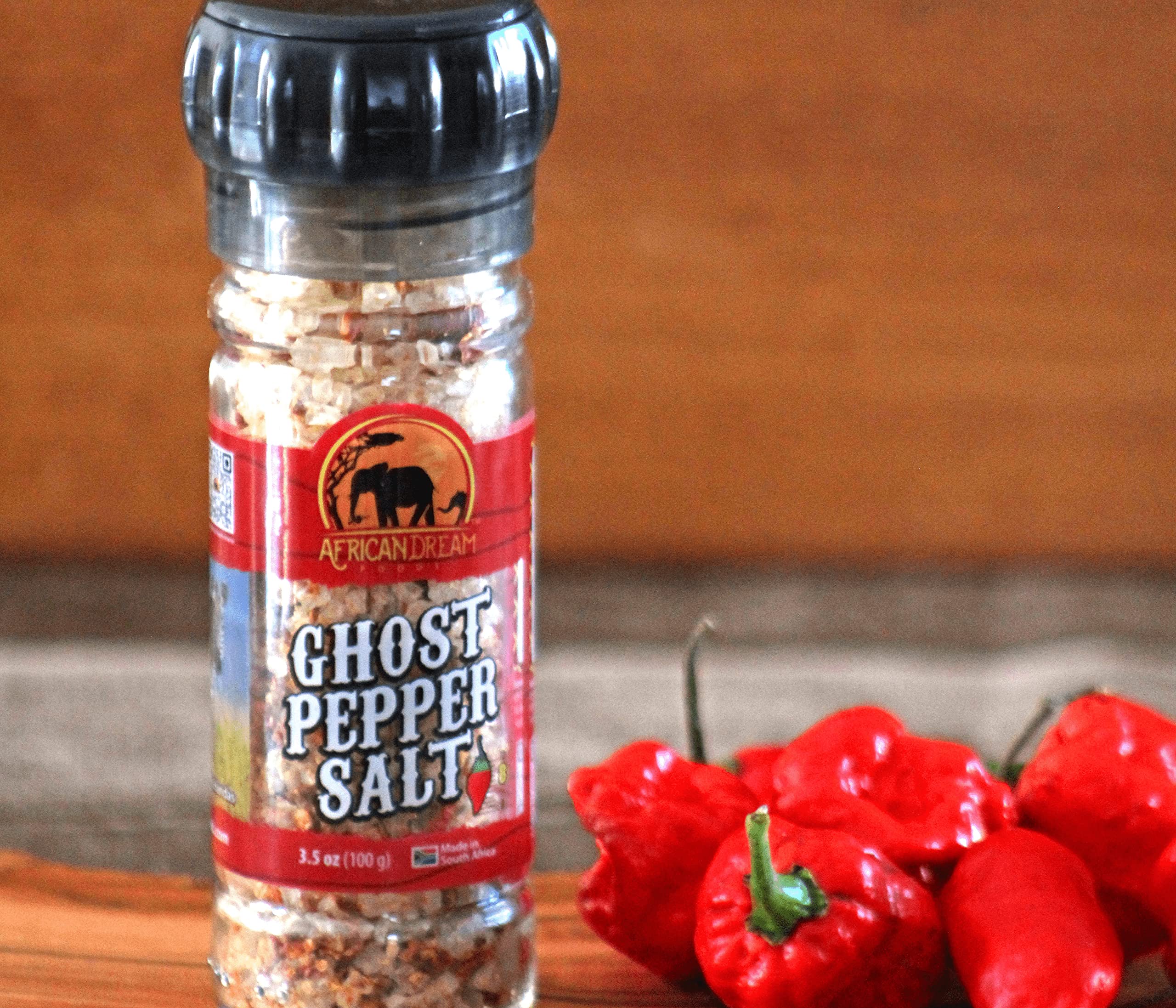 African Dream Foods Ghost Pepper Salt Seasoning - Spicy Chili Salt with Natural Ghost Peppers & Sea Salt | Hot & Flavorful Grinder for Meat, Chicken, Seafood | Perfect for BBQ, Grilling & Home Cooking | 3.5 oz Reusable Bottle